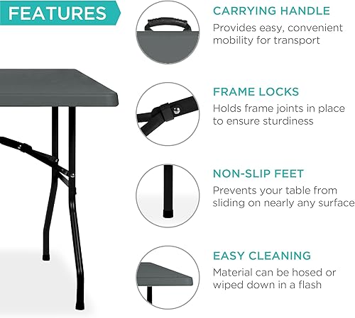 Miniatura 78 de Best Choice Products Mesa plegable de plástico de 4 pies, para interiores y exteriores, resistente, portátil, con asa, cerradura para picnic, Negro
