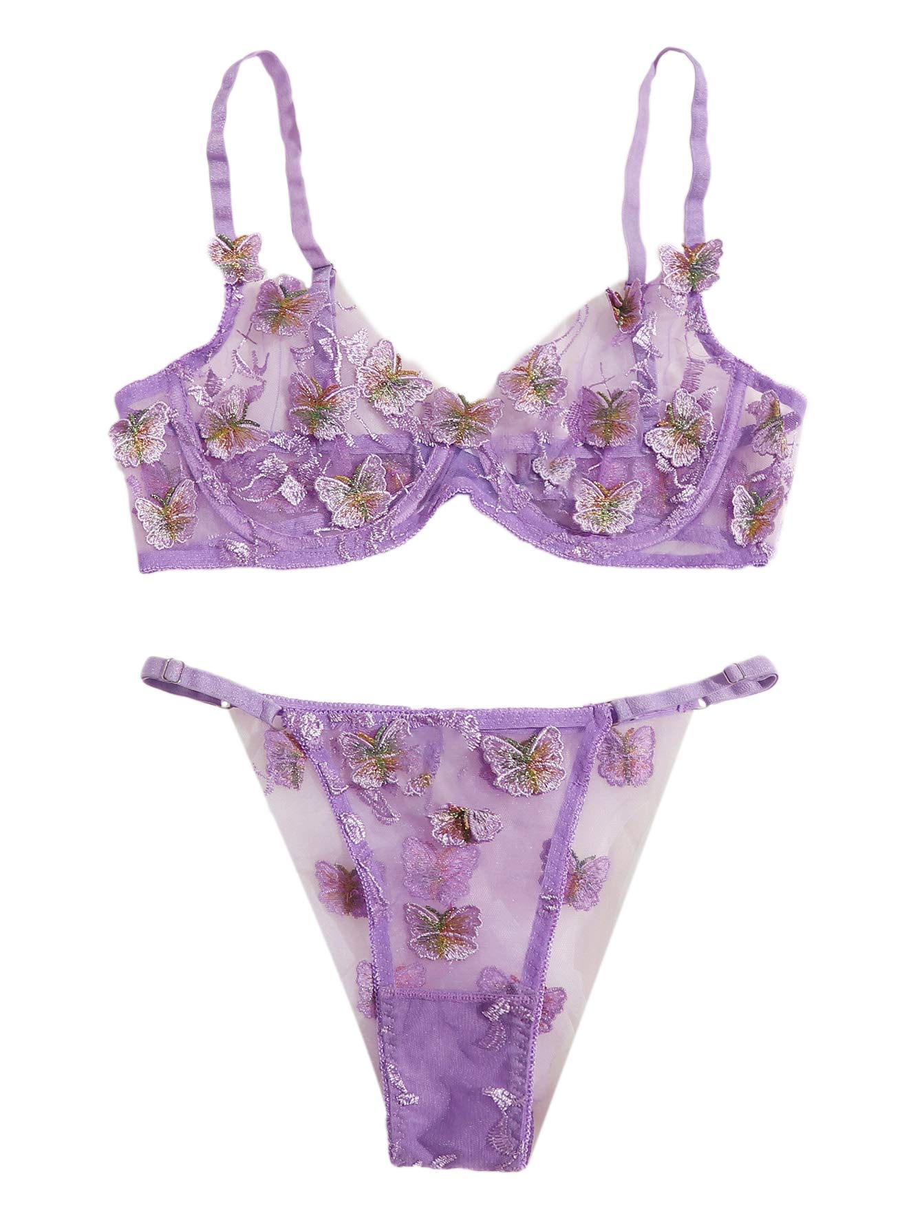 WDIRARA Women's Sexy Sheer Lace Spaghetti Strap Flower Applique Lingerie Set