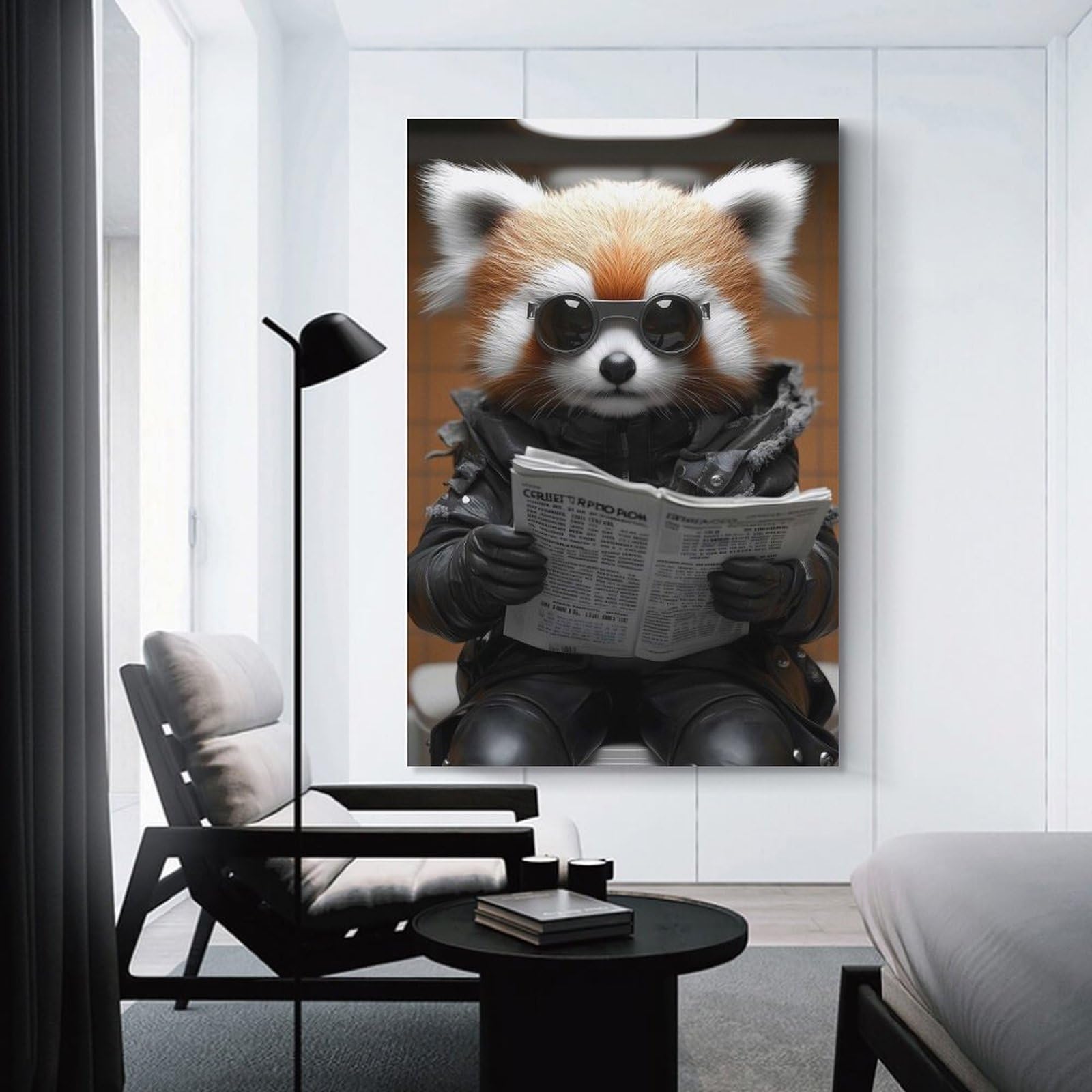 Red Panda Reading Newspaper on Toilet Poster, Picture, Metal Print, Paint by Melvina Poole Canvas Wall Art, 12x18inch(30x45cm), for Workspace Walls, Study Corners Or Bedrooms, An Interior Accent for D