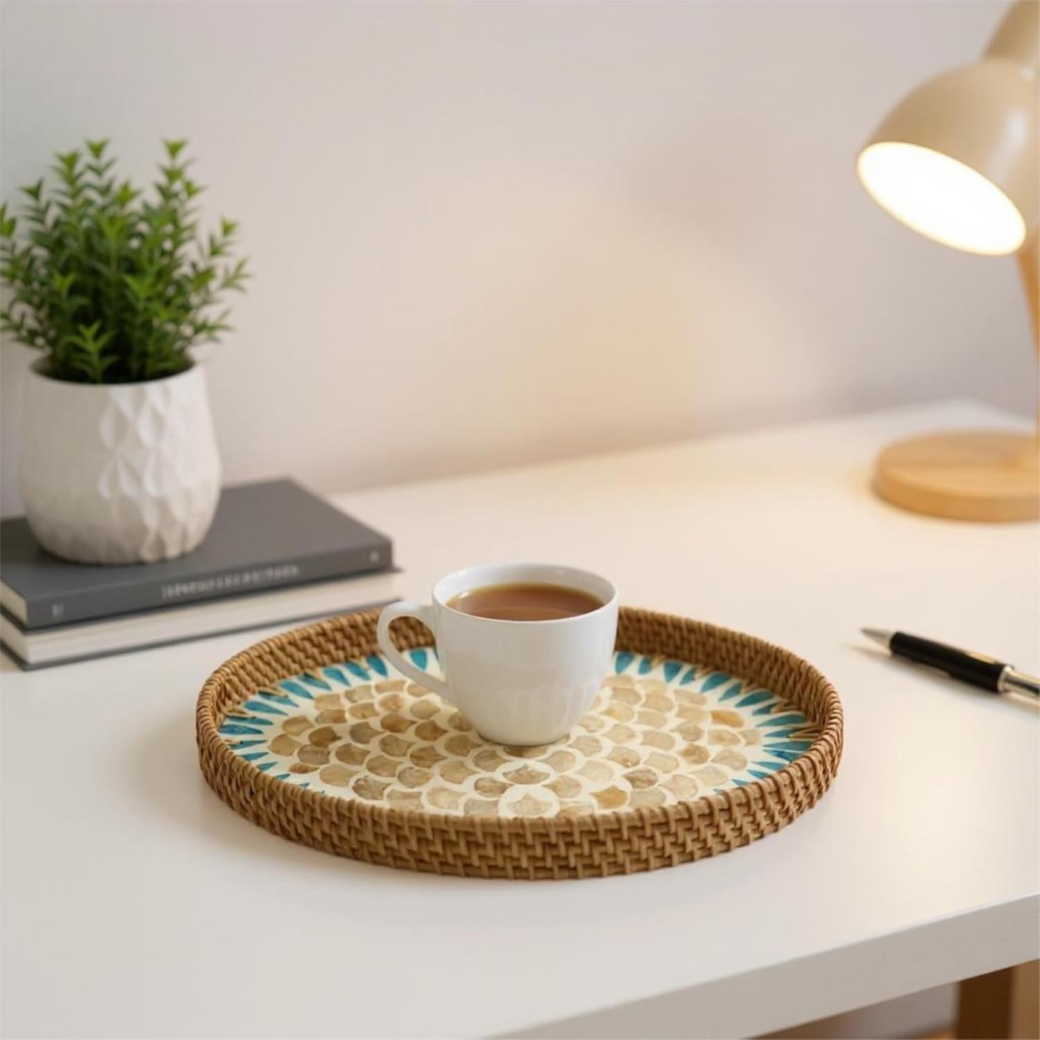 Oval Rattan Mother of Pearl Serving Tray, 3 Sizes Wicker Woven Coffee Table Tray with Wooden Base for Fruit Snack Breakfast Party Picnic Cafe Kitchen Home Decor (Blue White Scale)