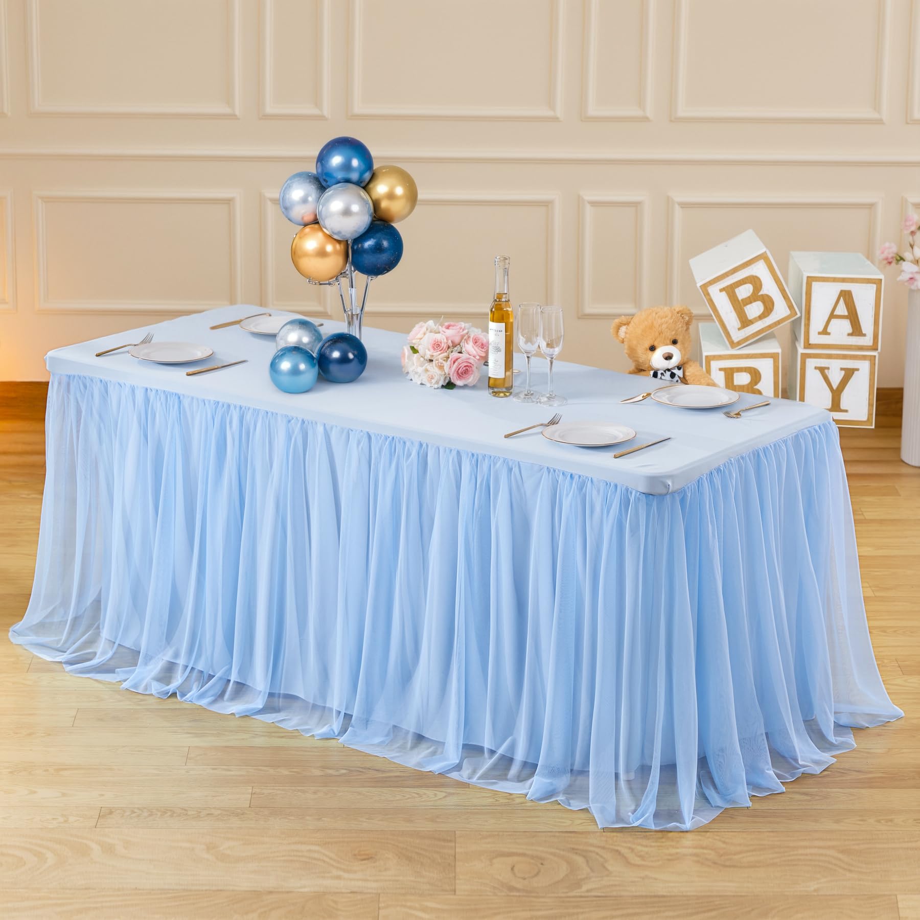 8ft Baby Blue Tulle Tablecloths for Rectangle Tables Light Blue 8 Foot Rectangular Table Cloth Wrinkle Free Table Cover with Tutu Skirt for Baby