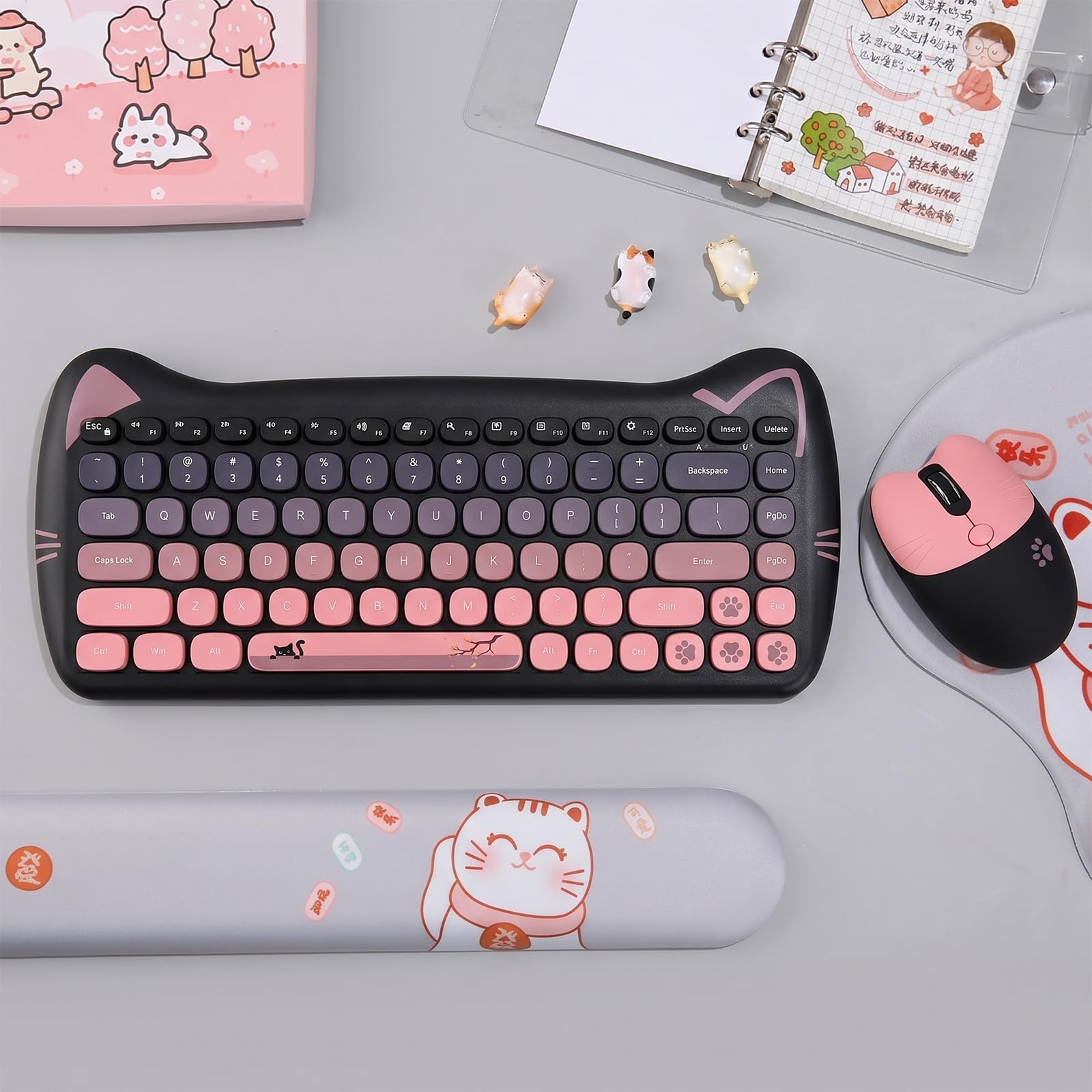 Cute Cat 2,4 G USB-Tastatur und Maus, kabellose Tastatur- und Maus-Kombination, leise Tasten, Bonbonfarben, kompatibel mit Notebook, PC (BlackPink-84Keys)