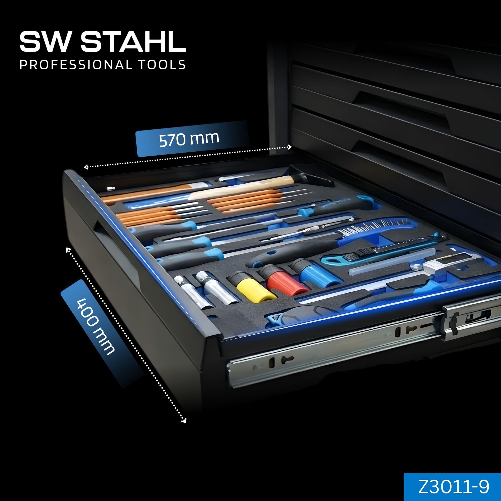 SW-Stahl Z3011-9 Zestaw Narzędzi do Wózka, 28 Sztuk, Wkład Piankowy XXL | Profesjonalne wyposażenie warsztatowe, pasuje do szuflad 57 x 40 cm, suwmiarka cyfrowa i młotek ślusarski