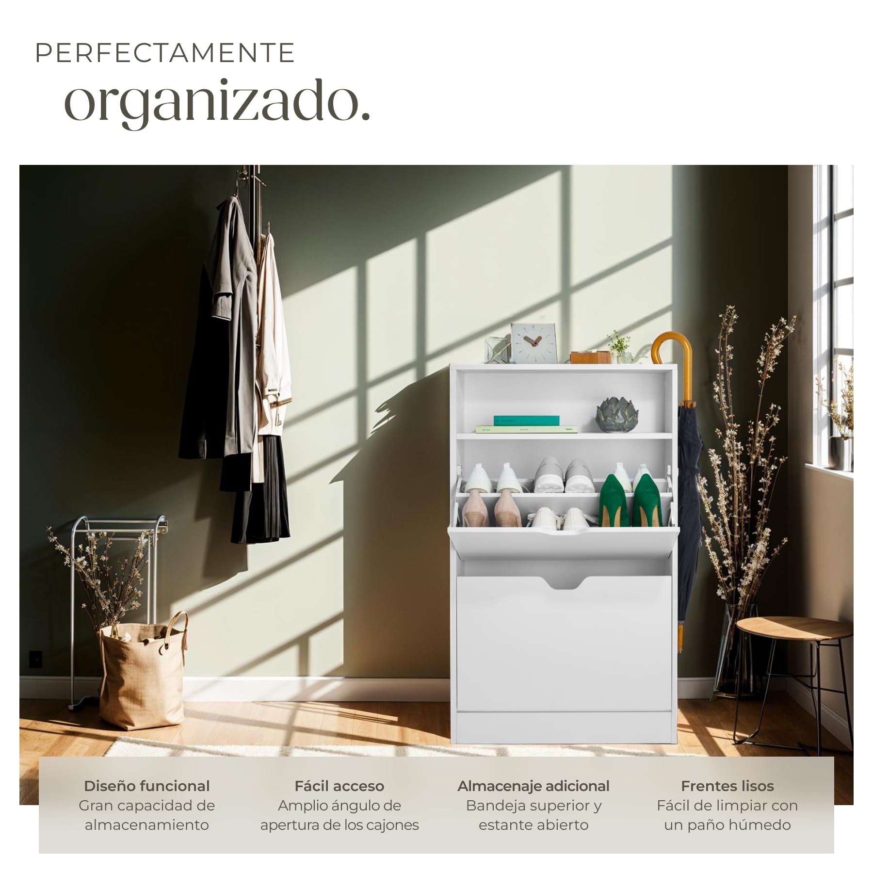tectake® Moderno Zapatero con 2 Cajones Abatibles y 4 Niveles, Capacidad 12 Pares de Zapatos, 60x24x102 cm Estanteria Abierta, Antivuelco, Montaje Sencillo, Organizador, Estrecho - Blanco
