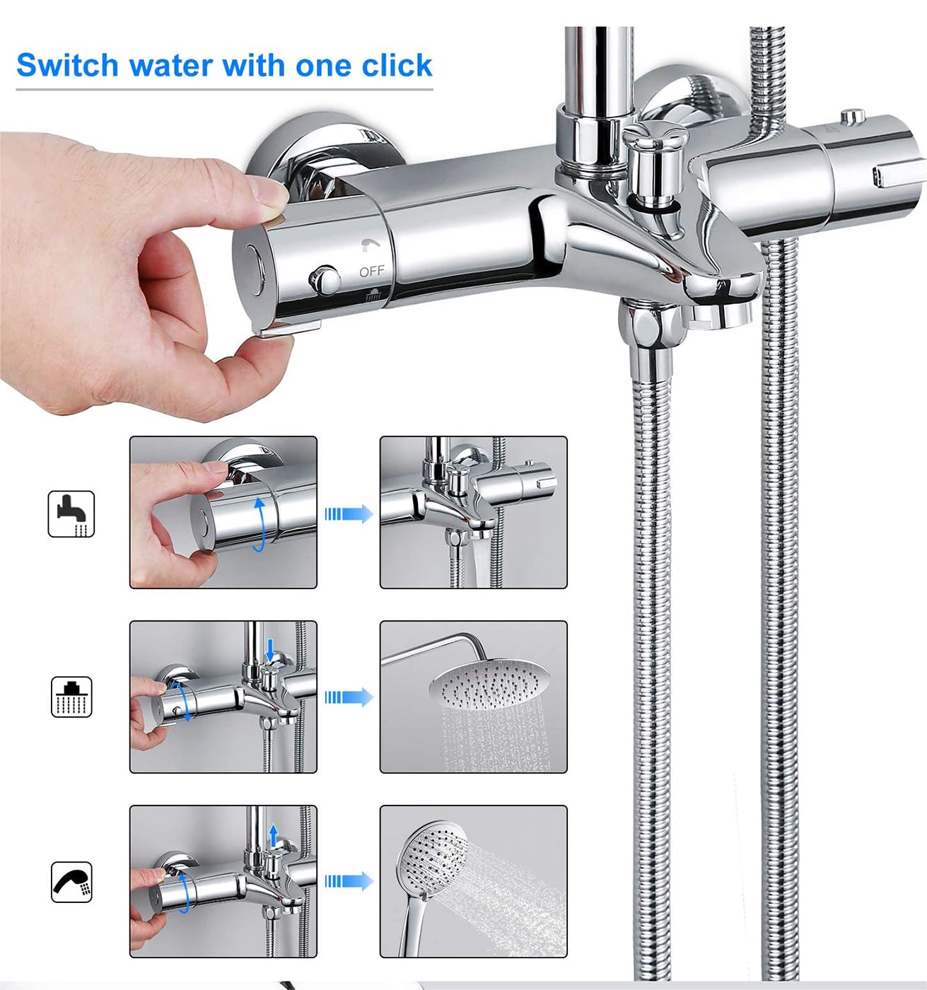 Sistema de ducha con termostato, termostato con grifo, 3 salidas de agua, grifo de ducha con alcachofa de acero inoxidable, barras de ducha de 81 a 117 cm