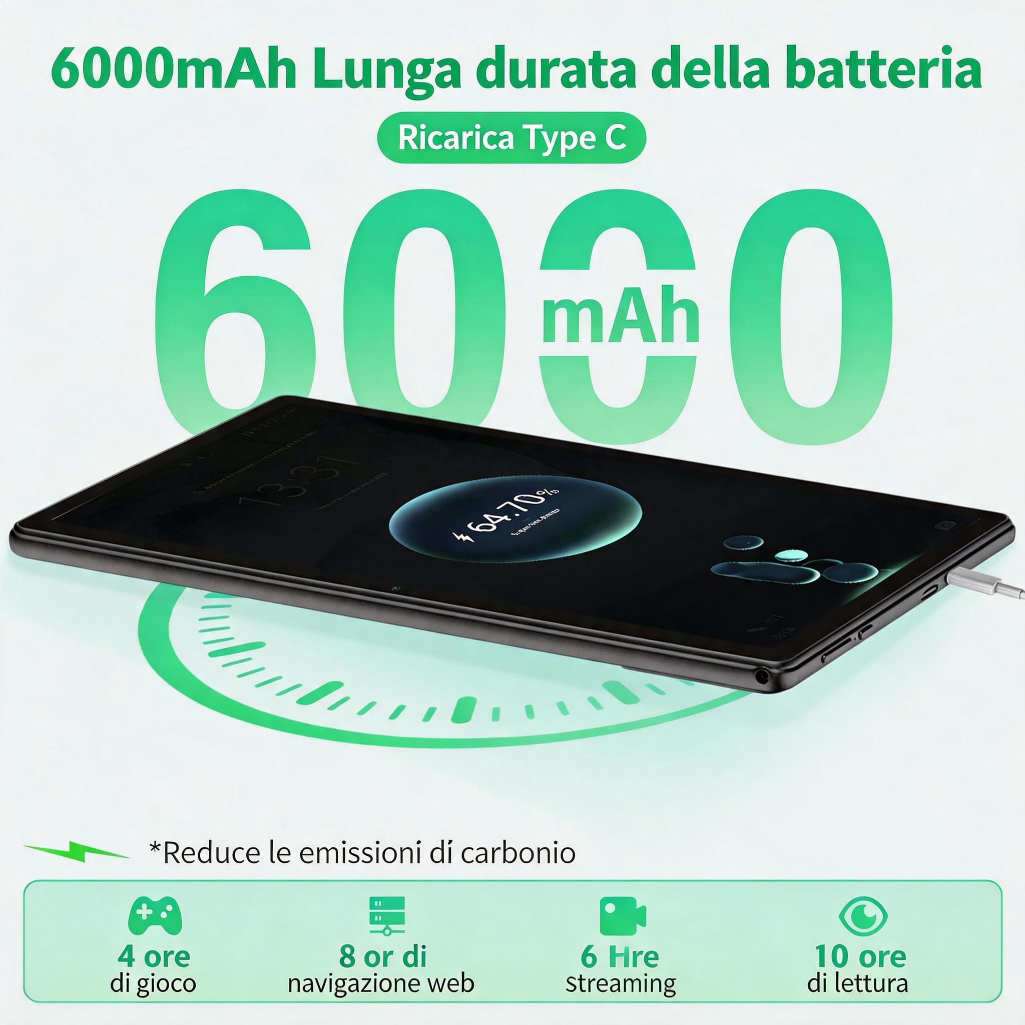 Tablet Android da 10", Android 15, 18 GB di RAM + 128 GB di memoria (fino a 1 TB espandibile), display IPS 1280 × 800, processore Octa-Core, batteria 6000 mAh