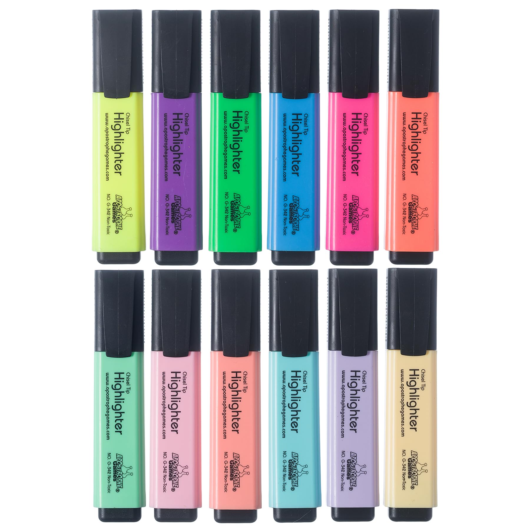 Apostrophe Games 12 Highlighters, Chisel Tip Assorted Color Set, Fluorescent and Pastel Colors - Dry-Quickly Non-Toxic Highlighter Markers, Office,