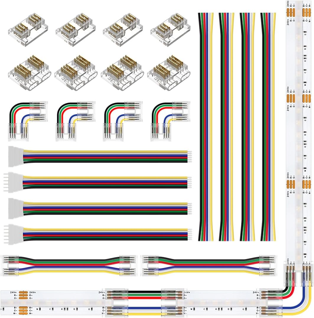 BTF-LIGHTING FCOB 12MM 6PIN Connector Kit for COB RGBCCT LED Strip Lights,L-Shaped/Dual-End with Wire,Gapless/Strip to Wire/6PIN JST Connector,6 Conductor 24AWG Wire