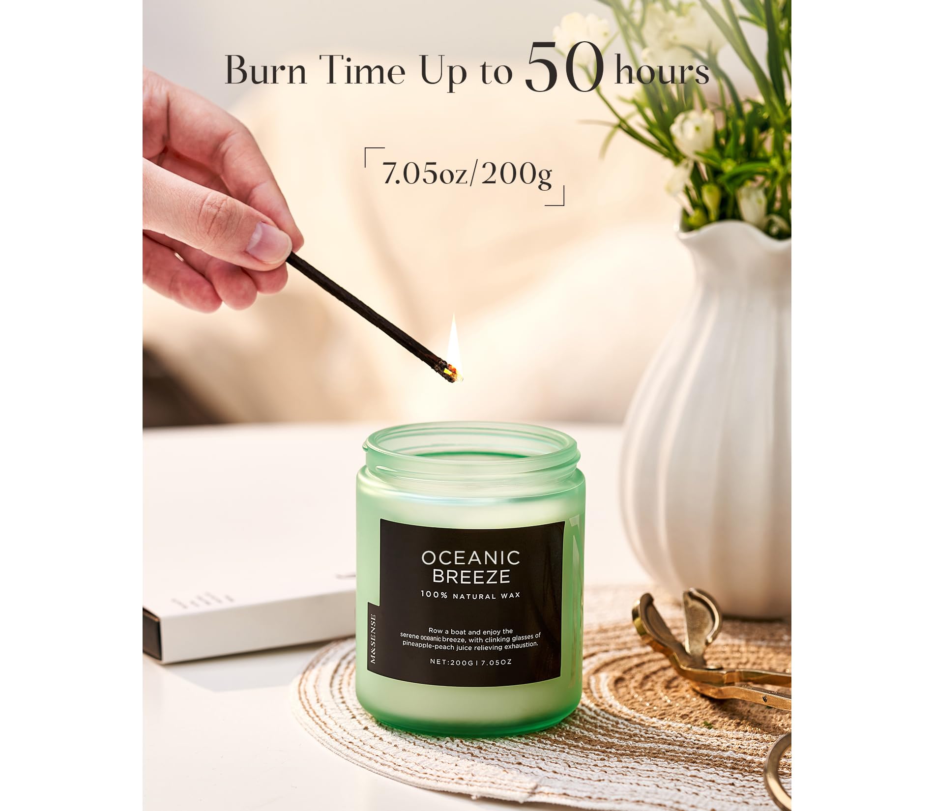 M&SENSE Ocean Breeze Organic Soy Scented Candles Gifts for Women & Men Non Toxic 200g 50H Burn Time Candles for Home Decor Small Jar Clear Burning Candle for Summer Evening Relaxation Stress Relief - Image 4