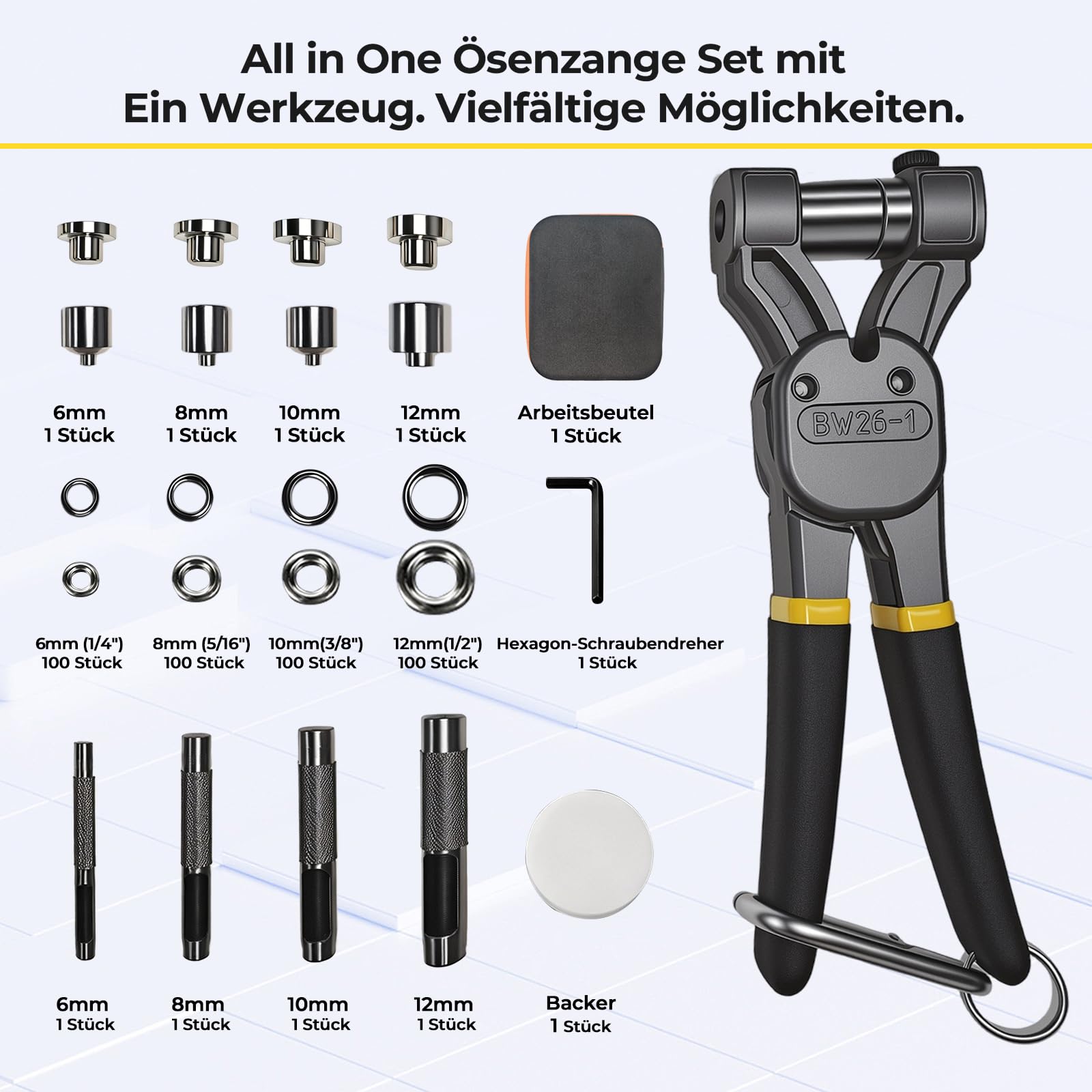 Ösenzange Set mit 400 silberfarbenen Metallösen (Ø6/8/10/12 mm) – Kraftsparende X-Griff Ösenzange mit Wechselköpfen, 4-in-1 Ösenpresse mit Magnetkopf für Planen, Banner, Stoff und Leder