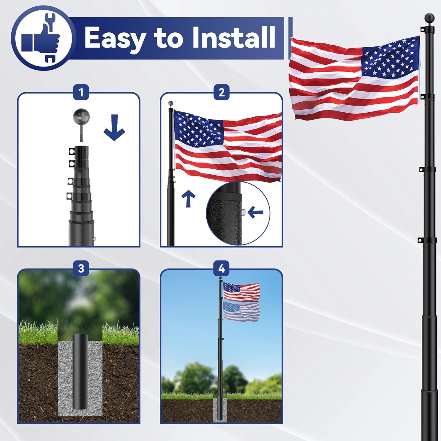 Heavy Duty Telescoping Flag Pole Kit, 20 FT 12 Gauge Extra Thick Aluminum Flagpoles for Outside House in Ground, 3x5 Embroidered American Flag for Residential or Commercial Use - Image 7