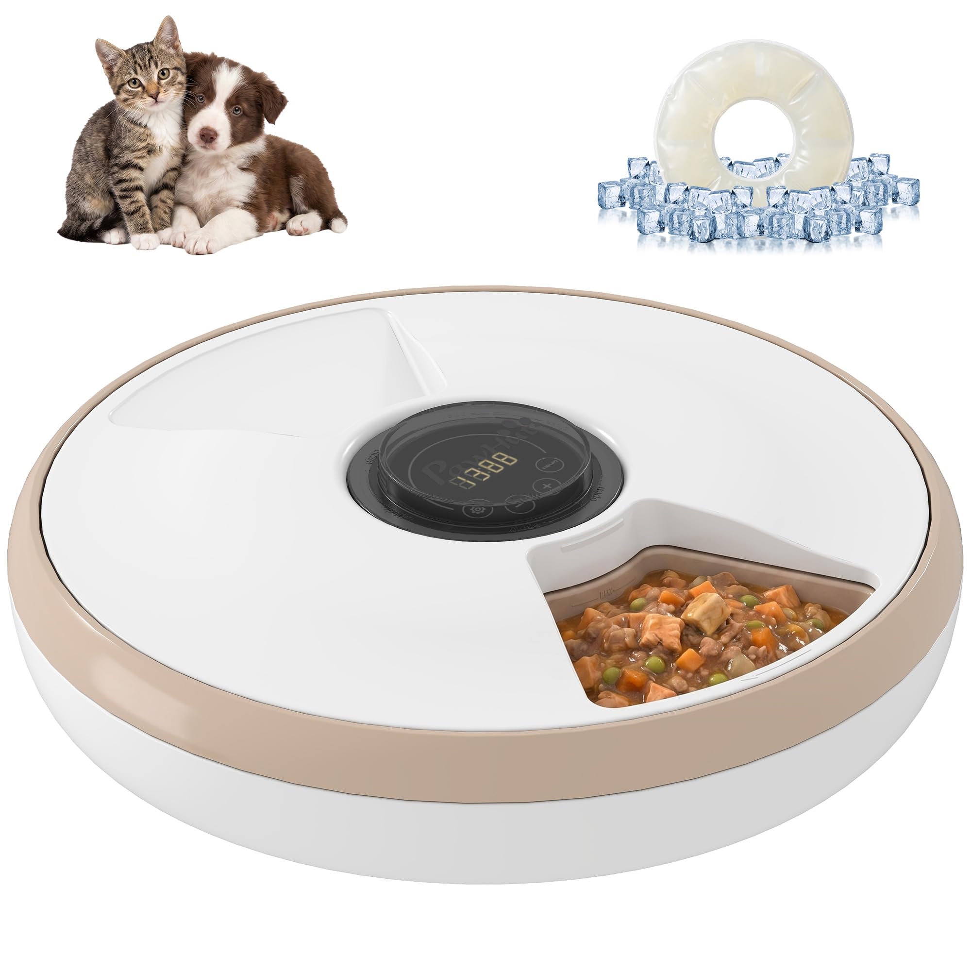 PawHut Distributeur de Nourriture pour Animaux de Compagnie Distributeur Automatique de Nourriture gamelle d'alimentation 6 portions sans Fil à minuterie avec 1 Sac réfrigérant écran LED Blanc