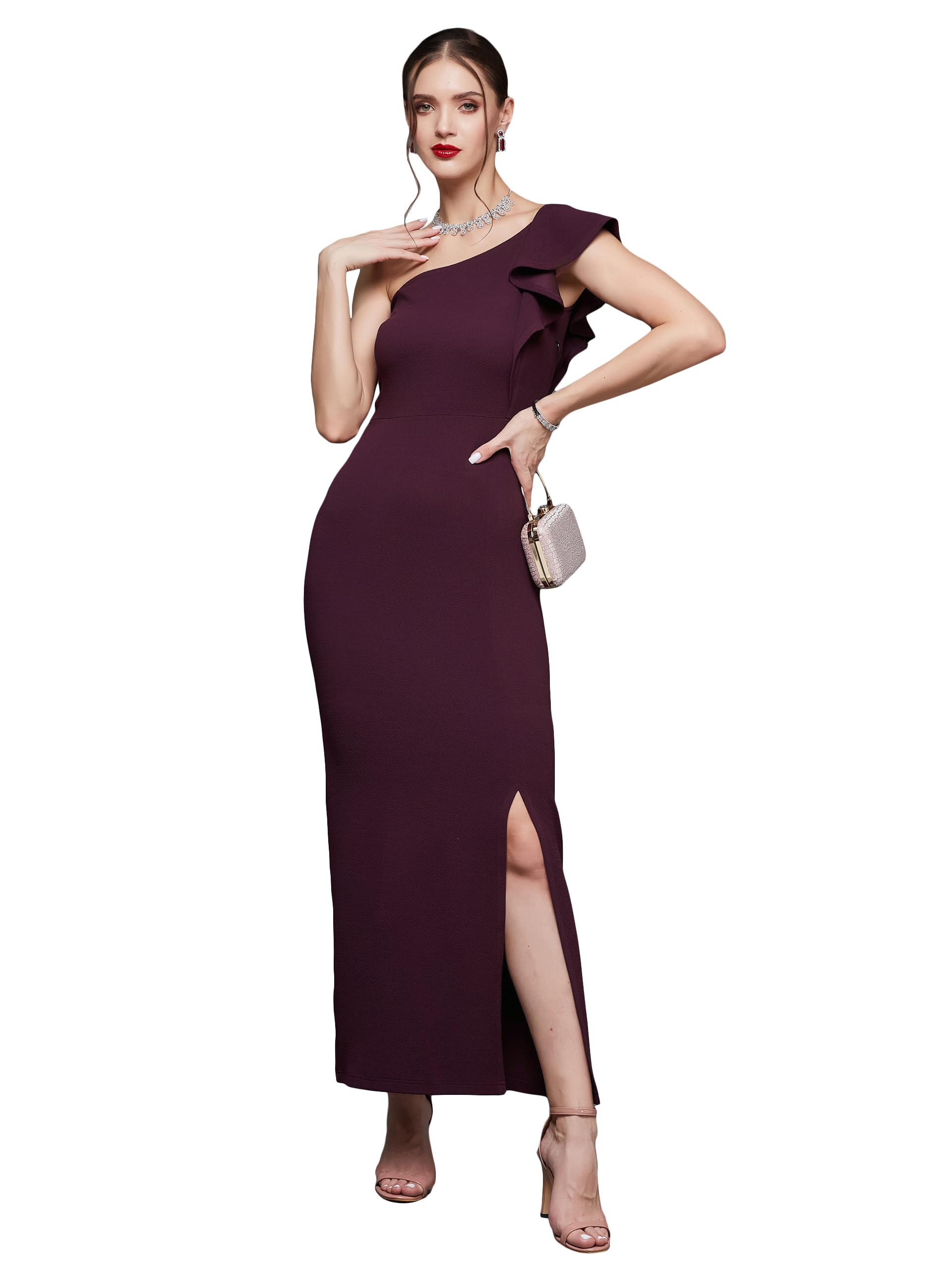 Miss Chase Women's Solid One Shoulder Sleeveless Ruffled Maxi Dress (Mcaw17D10-37-289-02, Dark Purple, Xs)