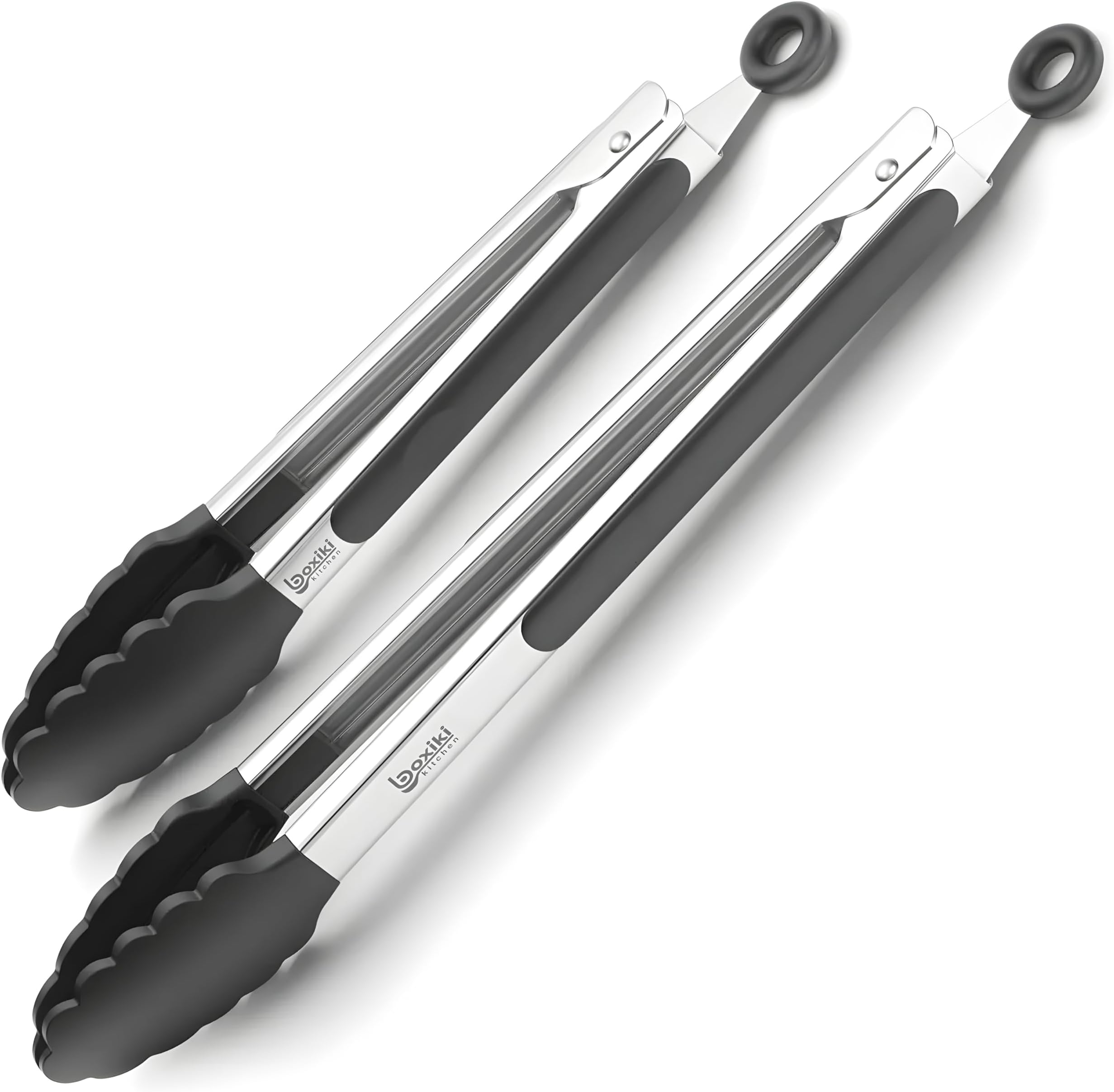 Kitchen Tongs for Cooking with Silicone Tips by Boxiki Kitchen, BPA Free Stainless Steel set of 2 Silicone Tongs for Cooking, Grilling & Toss a Salad, Heat Resistant Grill Tongs for Serving Food.