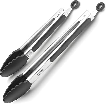 Kitchen Tongs for Cooking with Silicone Tips by Boxiki Kitchen, BPA Free Stainless Steel set of 2 Silicone Tongs for Cooking, Grilling & Toss a Salad, Heat Resistant Grill Tongs for Serving BBQ Food.