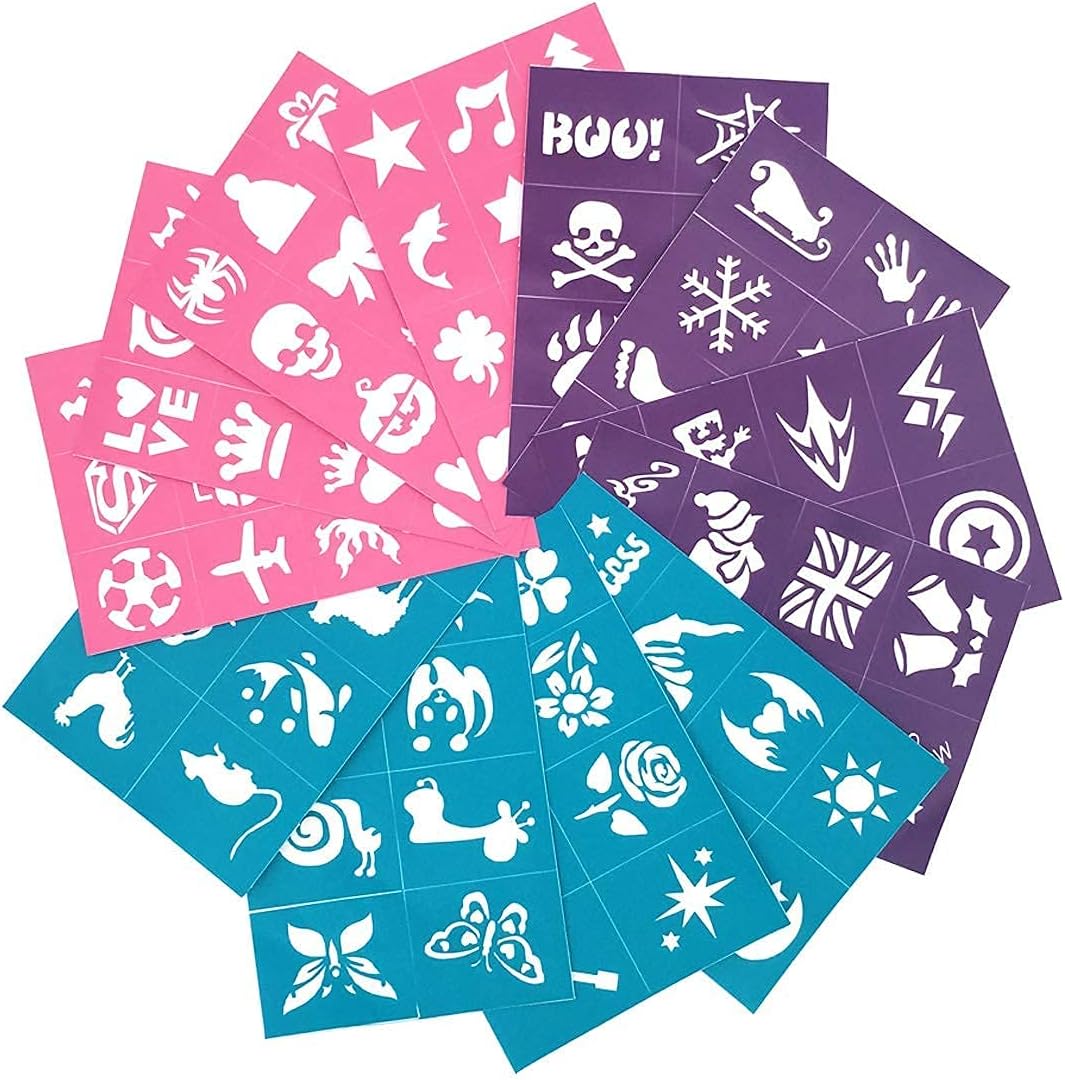 Face & Body Paint Stencils Kit for Kids (200 Pieces) - Soft, Reusable and Easy to Stick Down - Tattoo Stencils, Glitter Temporary Tattoos for Kids School Carnival Birthdays Halloween Christmas