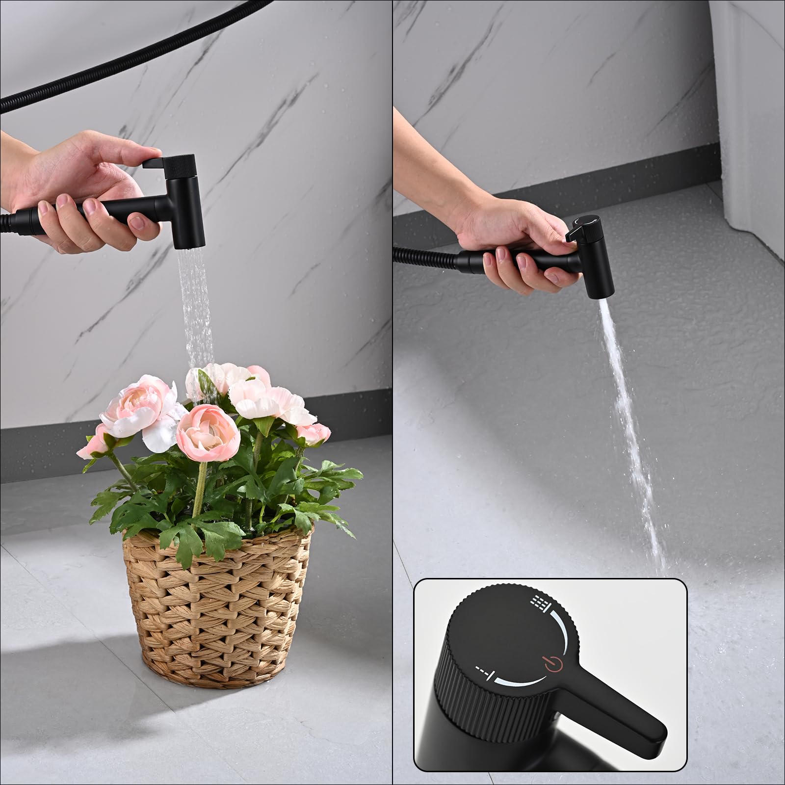 Kit Douchette WC Noir, Laiton Douchette Toilette Un Entré et Deux Sortis Douchette WC Kit Complet avec Pulvérisateur de Bidet à 2 Fonctions, 1.2m Tuyau de Douche, Douchette Hygiénique pour WC
