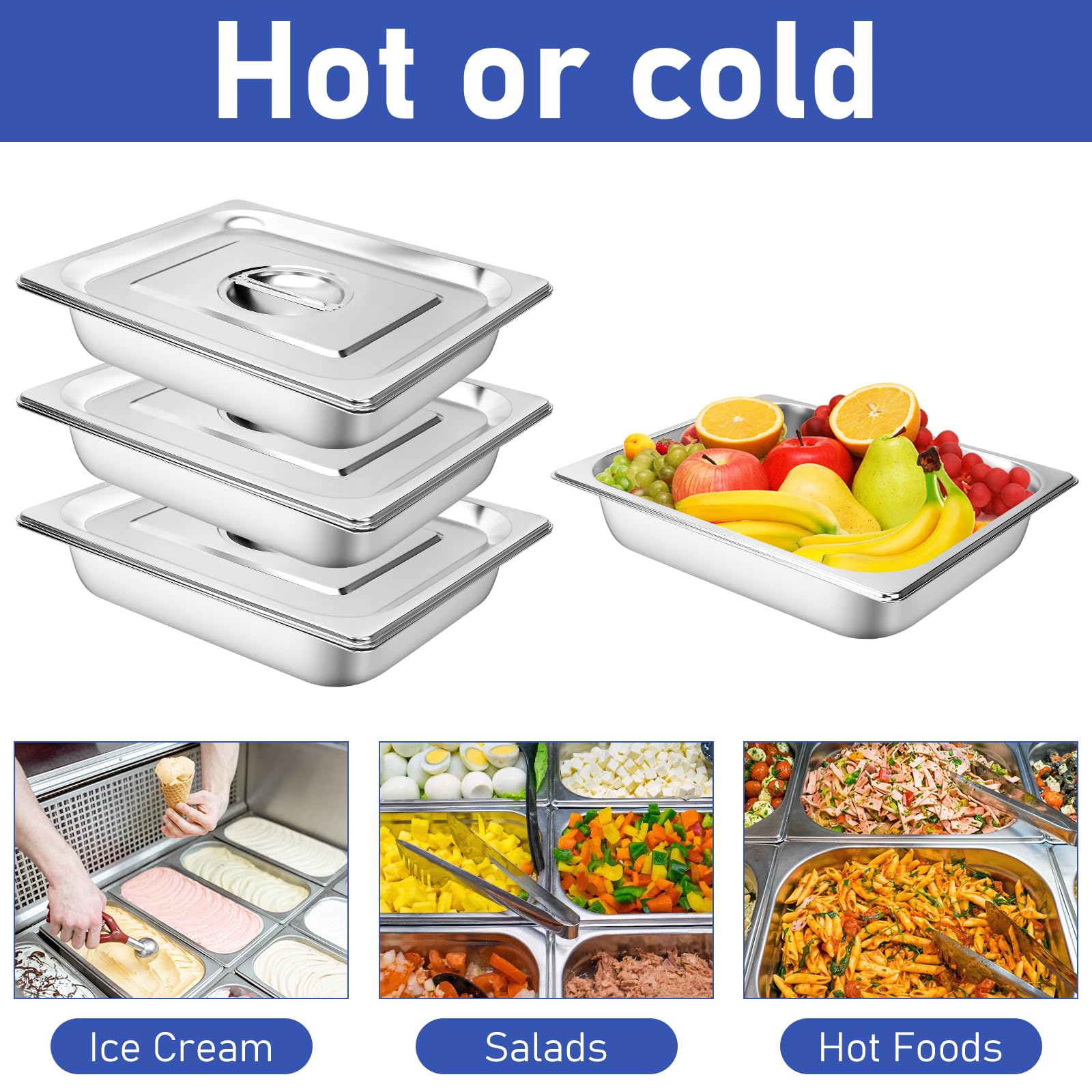Confezione da 4 padelle Gastronorm, in acciaio inox, con coperchio, contenitore per alimenti, anti-inceppamento, vassoio per servizio di catering, per ristoranti, hotel, buffet, feste, spessore