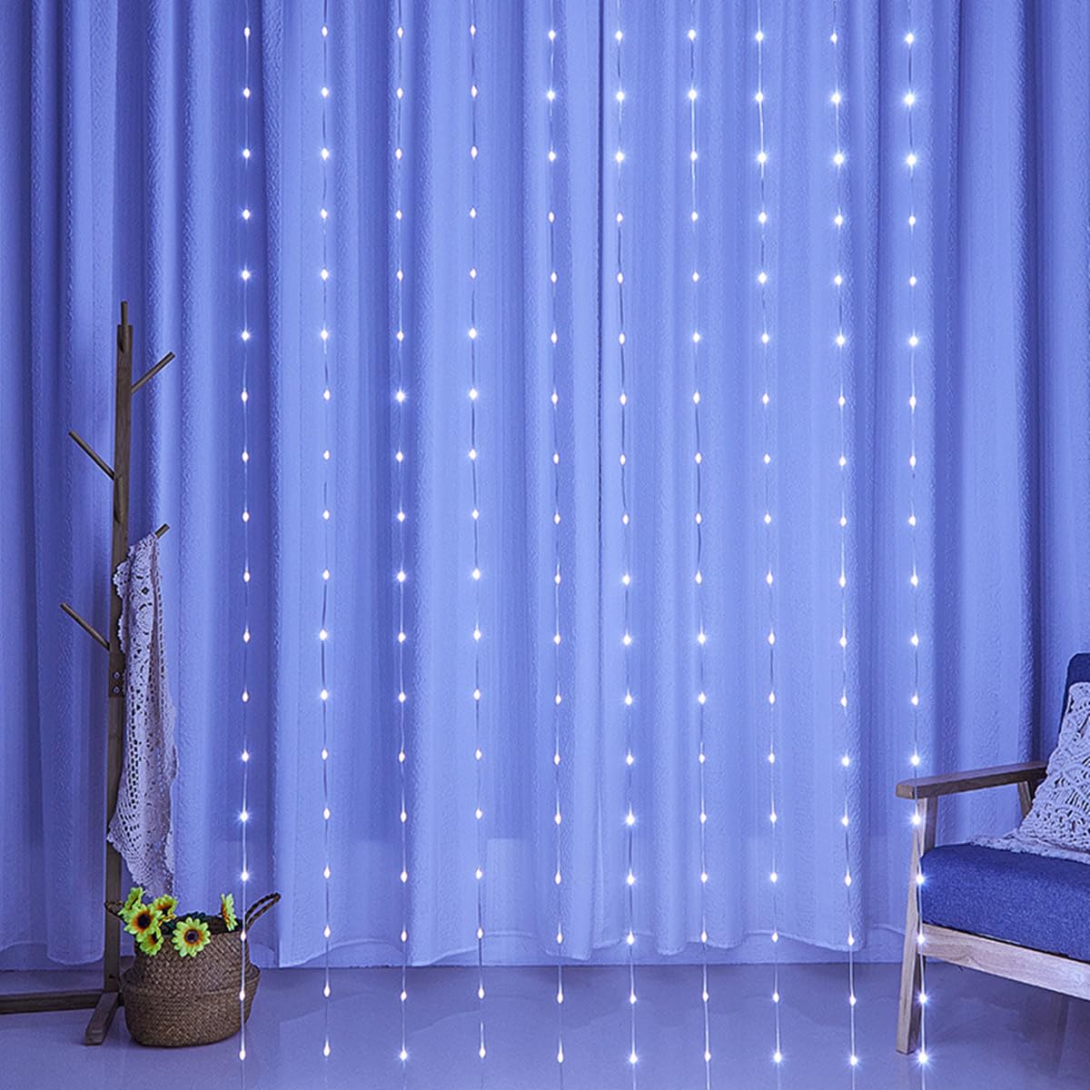 Lampes à rideaux, LED fenêtre fée chaîne lumière USB PVC ligne 8 modes cascade jardin chaîne lumière imperméable à l'eau Idéal pour chambre à coucher, fête, mariage (Blanc, 3m*3m 300LED)