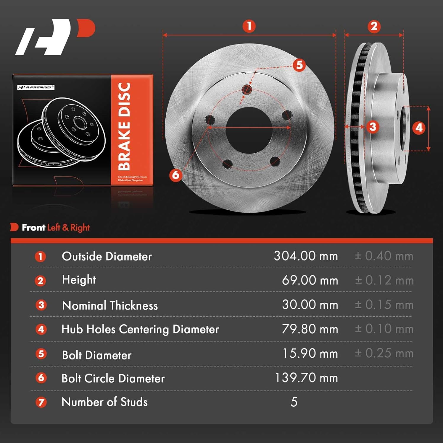 A-Premium 12.11 inch (304mm) Front Vented Disc Brake Rotors Compatible with Select Dodge Models - 1500 2000-2001, RWD, 2-PC Set