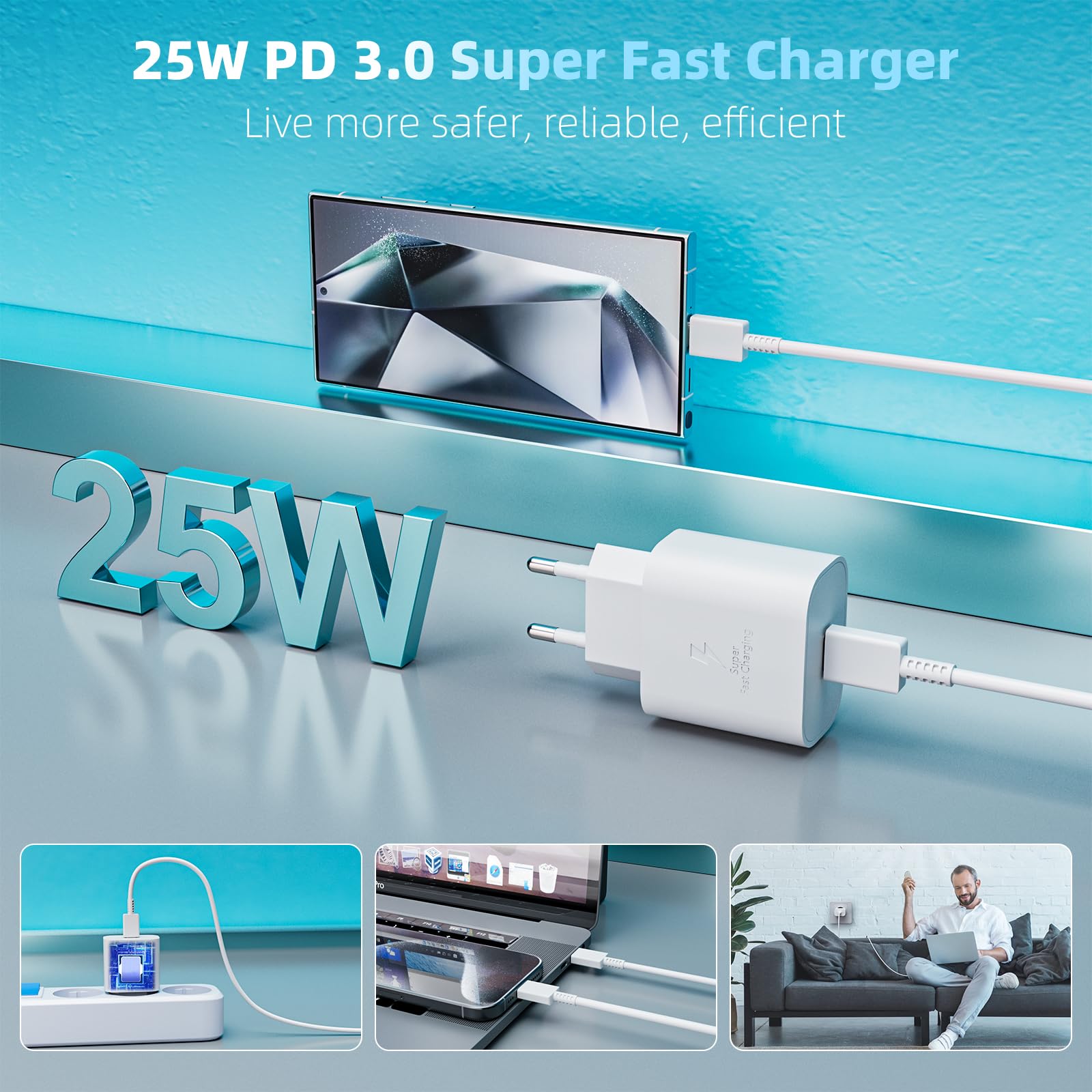 Samsung 25W Caricatore Rapido USB C con Cavo 2M per Galaxy A15/A14/A13/A25/A33/A34/A40/A53/A52/A54/A55/S25/S24/S23/S22 Ultra/S21/S20 FE/S10