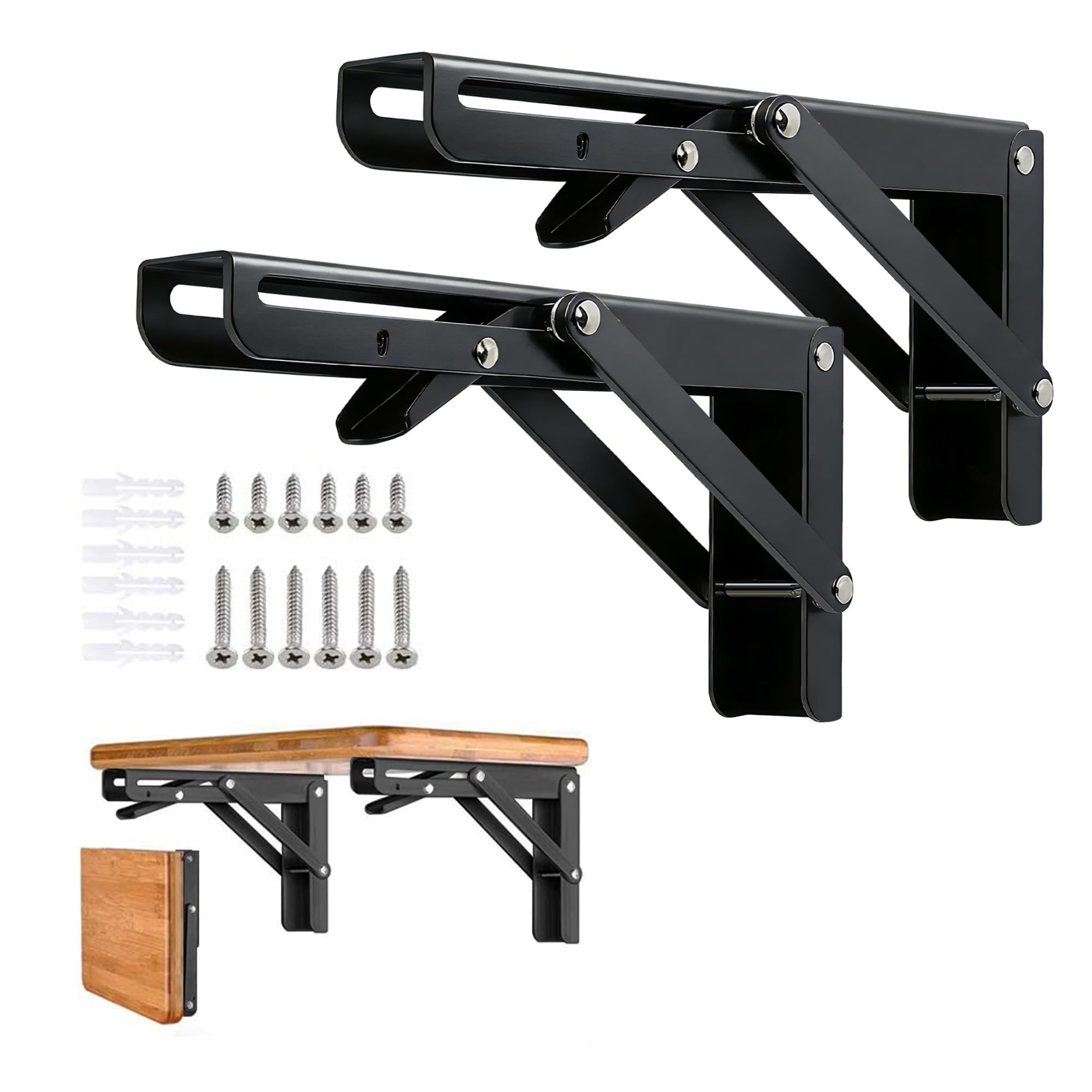 Folding Shelf Brackets - 10 Inch 2 Pcs Heavy Duty Metal Collapsible Triangle Shelf Bracket, DIY Wall Mounted Foldable Shelf Bracket, Space Saving for Bench Table with Screws