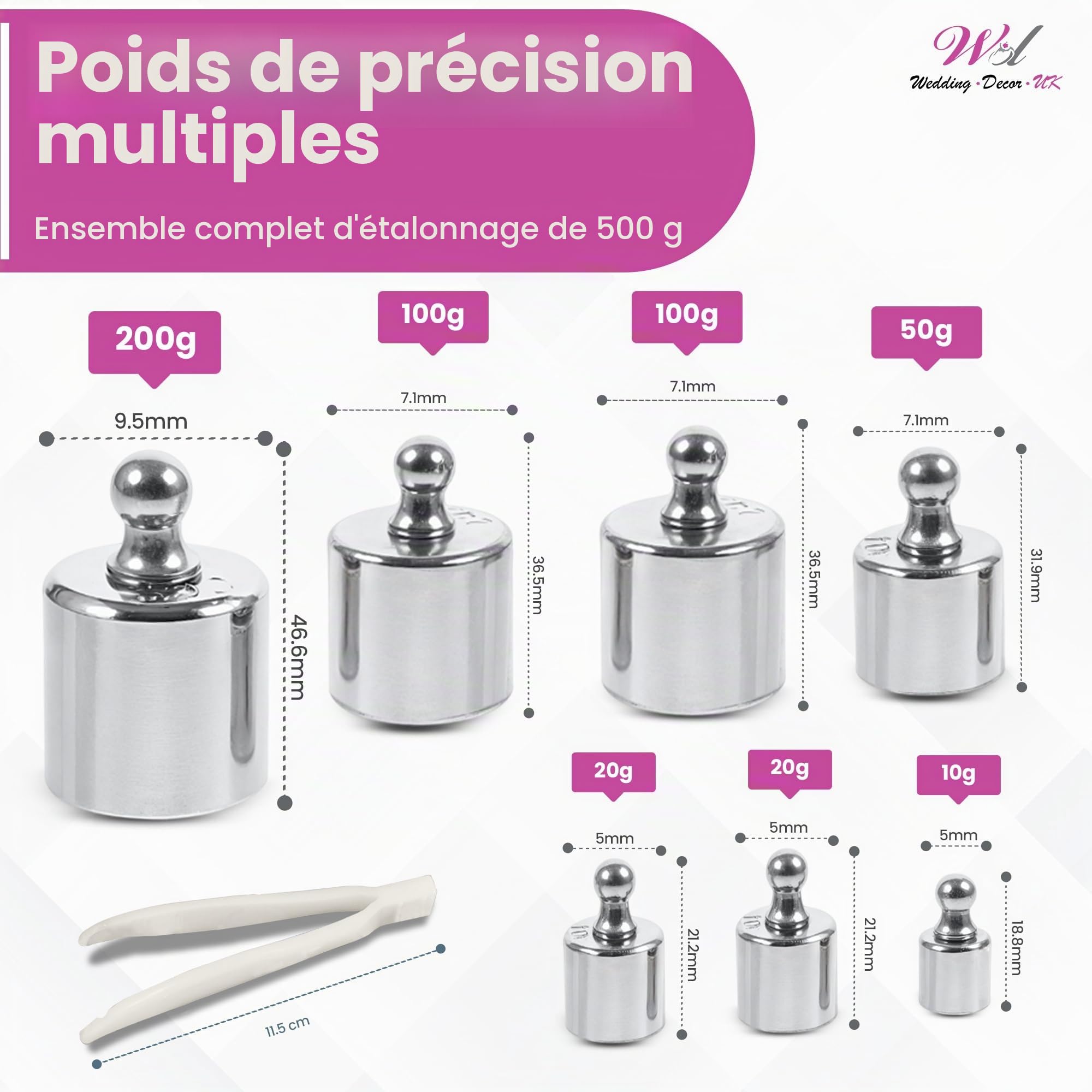 WedDecor 500g, Ensemble de 7 Poids de Calibration en Acier Inoxydable avec Pinces pour Balance Numérique, Balance de Poche, Bijoux, Cuisine et Laboratoire – Poids de Calibration Précis Chromé