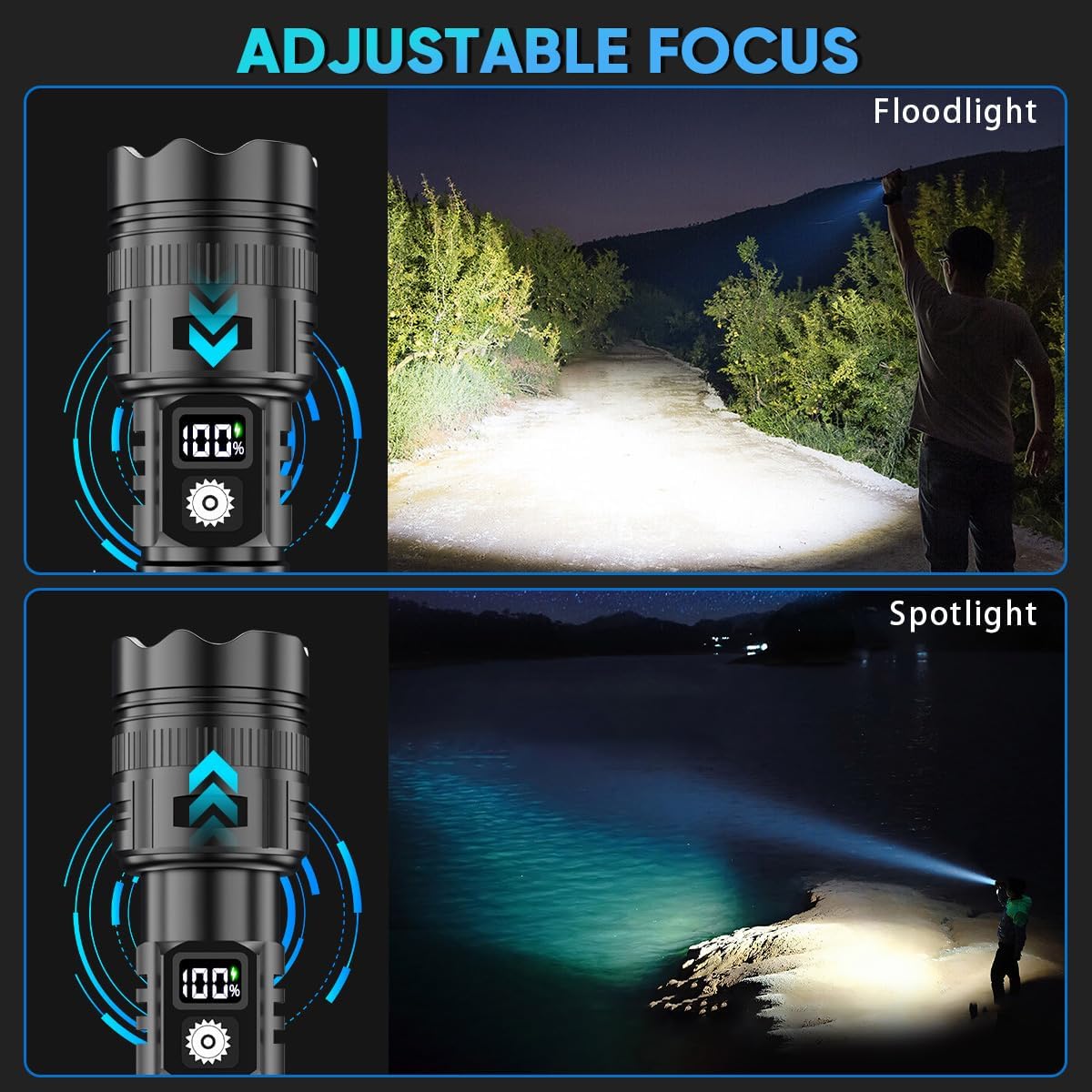 Rechargeable LED Flashlights with Side Light & Digital Power Display, 5 Modes Super Bright Flashlight with COB Work Light for Emergency, Camping, Hiking and Home (Black with COB Work Light)