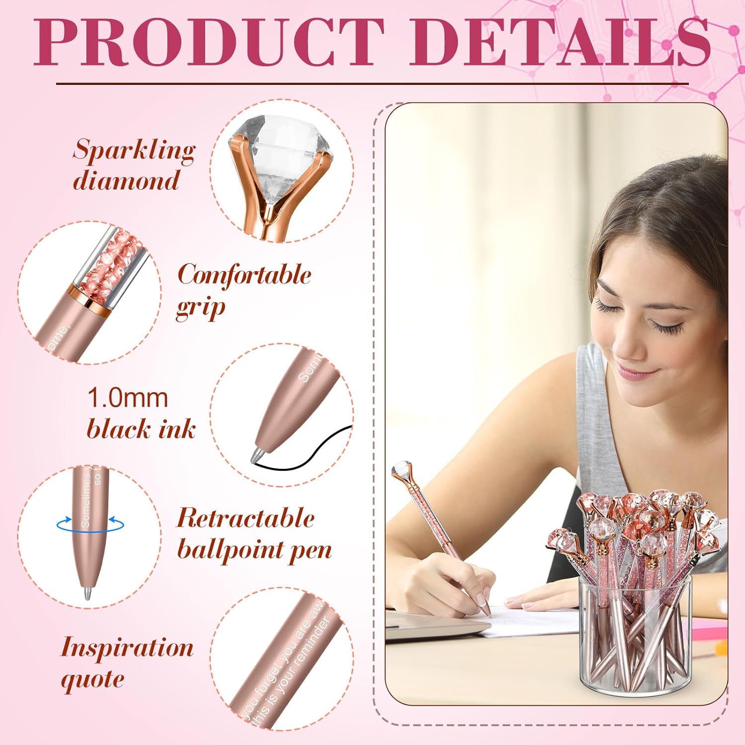 AmazingSpark 60 Pcs Sometimes You Forget You Awesome Crystal Diamond Pens, So This Is Your Reminder Gifts Pens, Thanks Teacher Appreciation Gifts for Women, Employee, Friend (Rose Pink, Rose Gold)