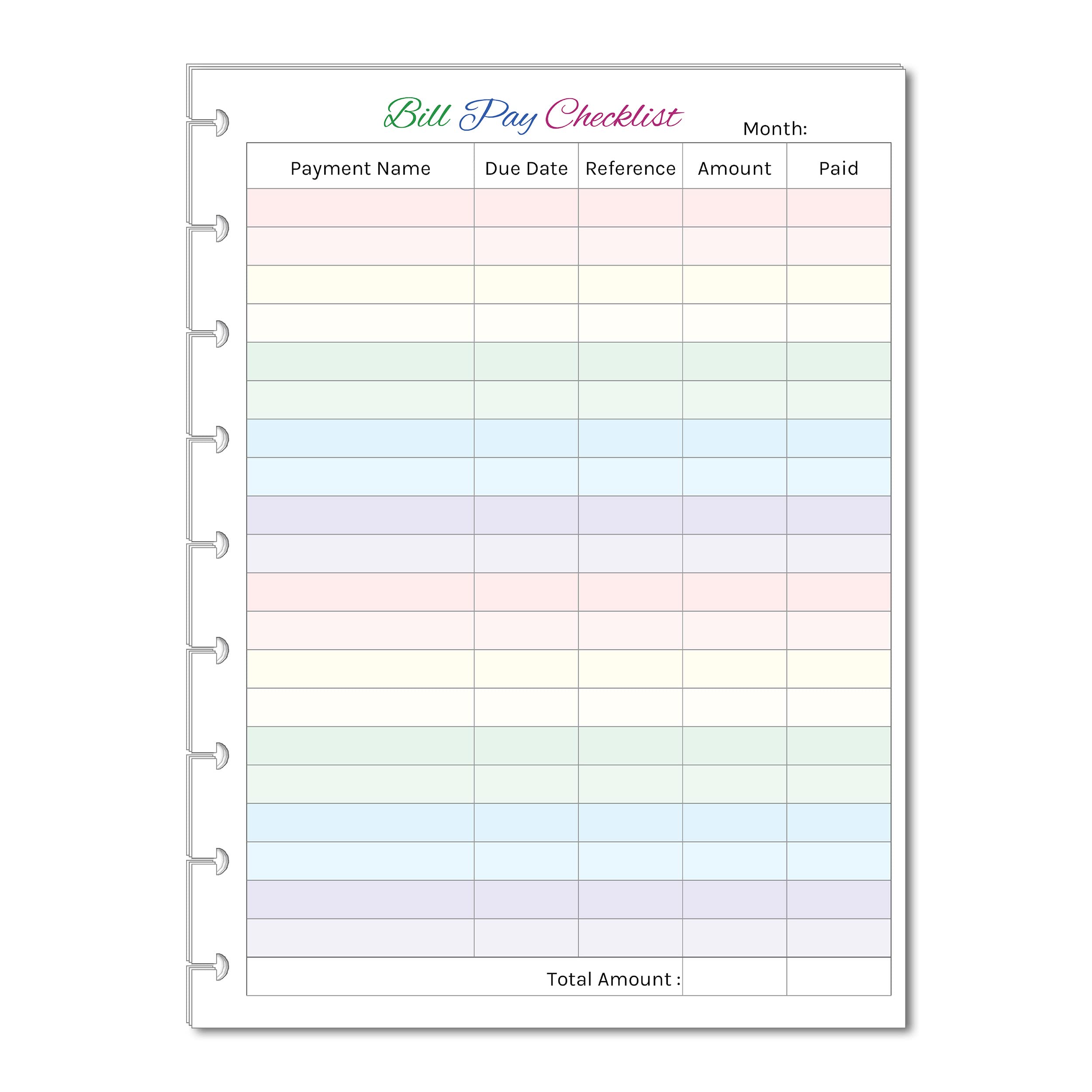 Colorful Monthly Budget Forms Bill Pay Checklist for Medium Size 9 Disc Planners, Fits 9-Disc Notebooks, 7"x9.25"