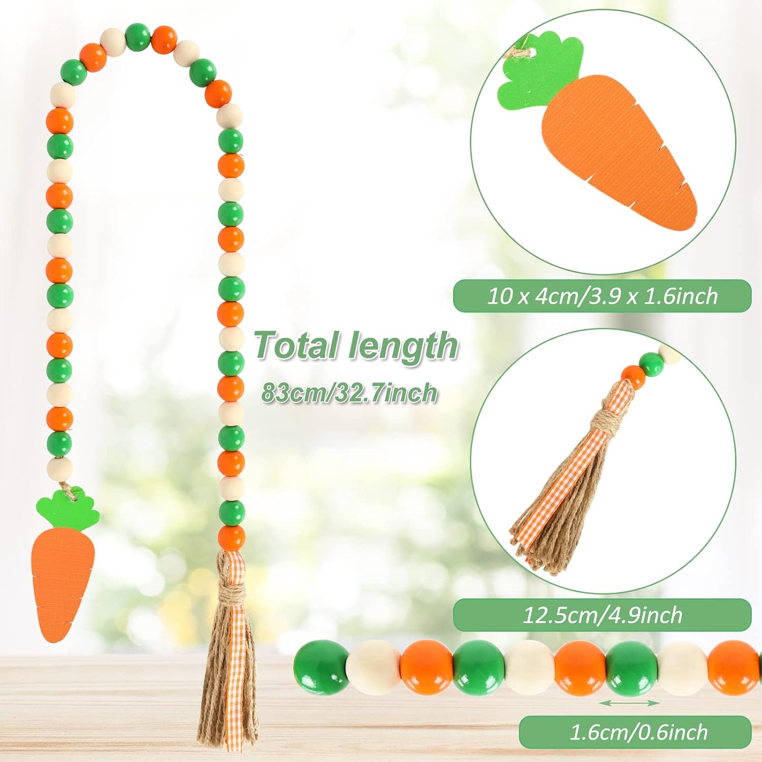 Whaline Easter Wood Bead Garland with Tassel Carrot Ornament Rustic Farmhouse Natural Wooden Bead Hanging Decor for Spring Tiered Tray Fireplace Shelf Fireplace Wall