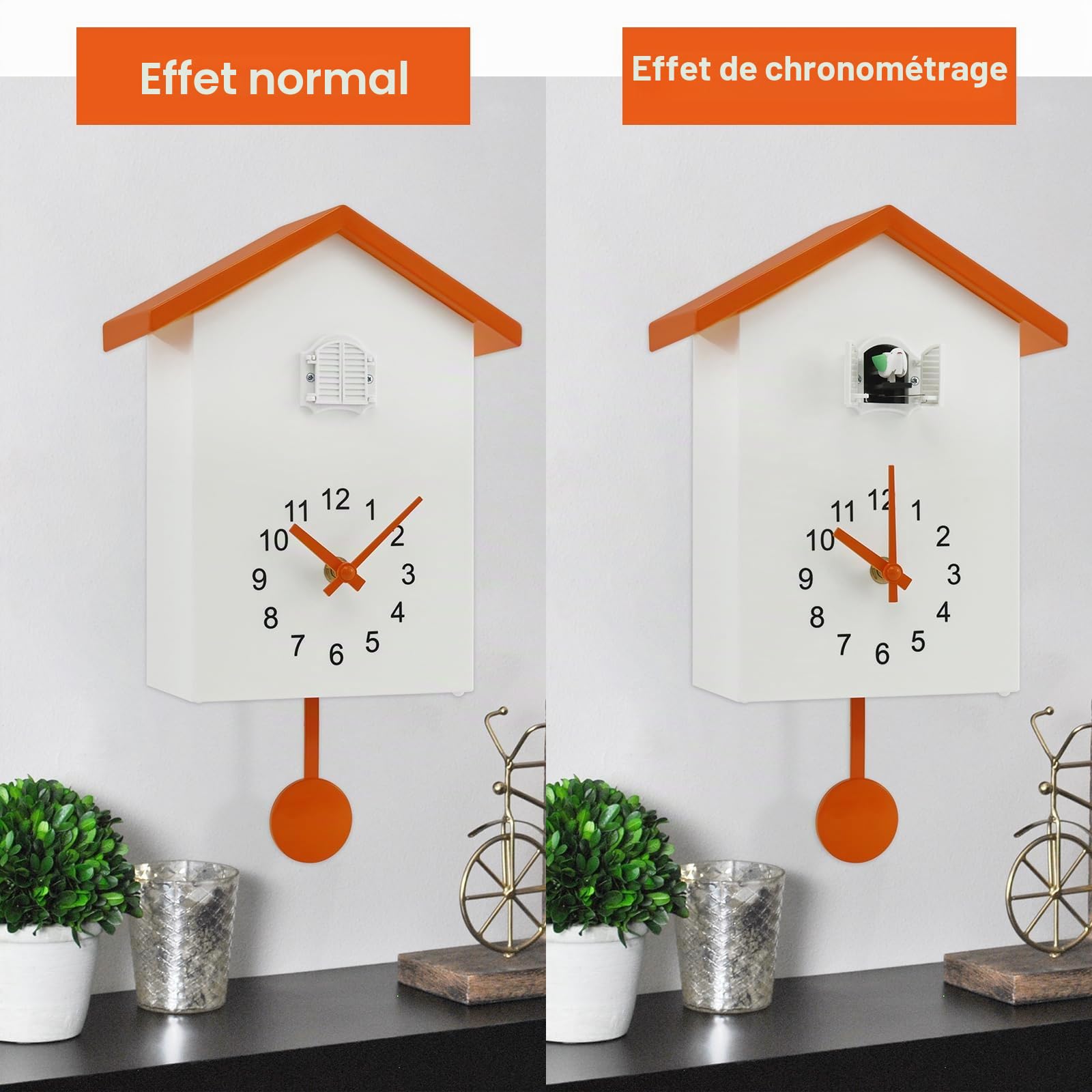 Horloge à coucou moderne, Horloges à coucou avec pendule et carillon, Cuckoo Clock, Horloge à pendule murale pour art mural, maison, salon, cuisine, bureau (Orange)