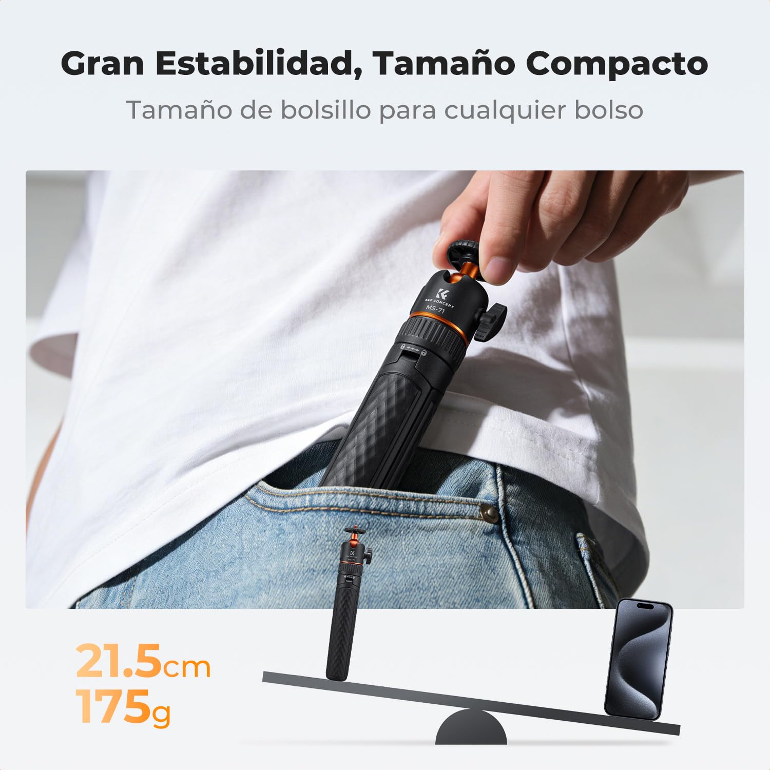 K&F CONCEPT MS71 Palo Selfie 65CM, Mini Trípode Abre con Un Solo Clic, Trípode para Móvil con Rótula Esférica y Zapata Fría Compatible con dji Osmo Pocket 4/3, Action 5 y GoPro 13/12