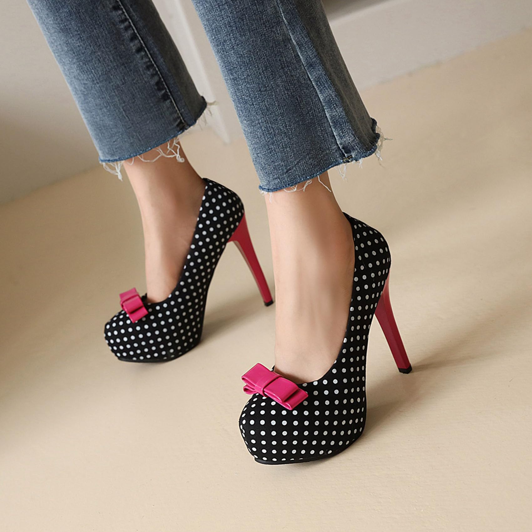 KOKOMOMO Womens Polka Dot High Heels Round Toe Platform Stiletto Pumps with Bows: 10 Black
