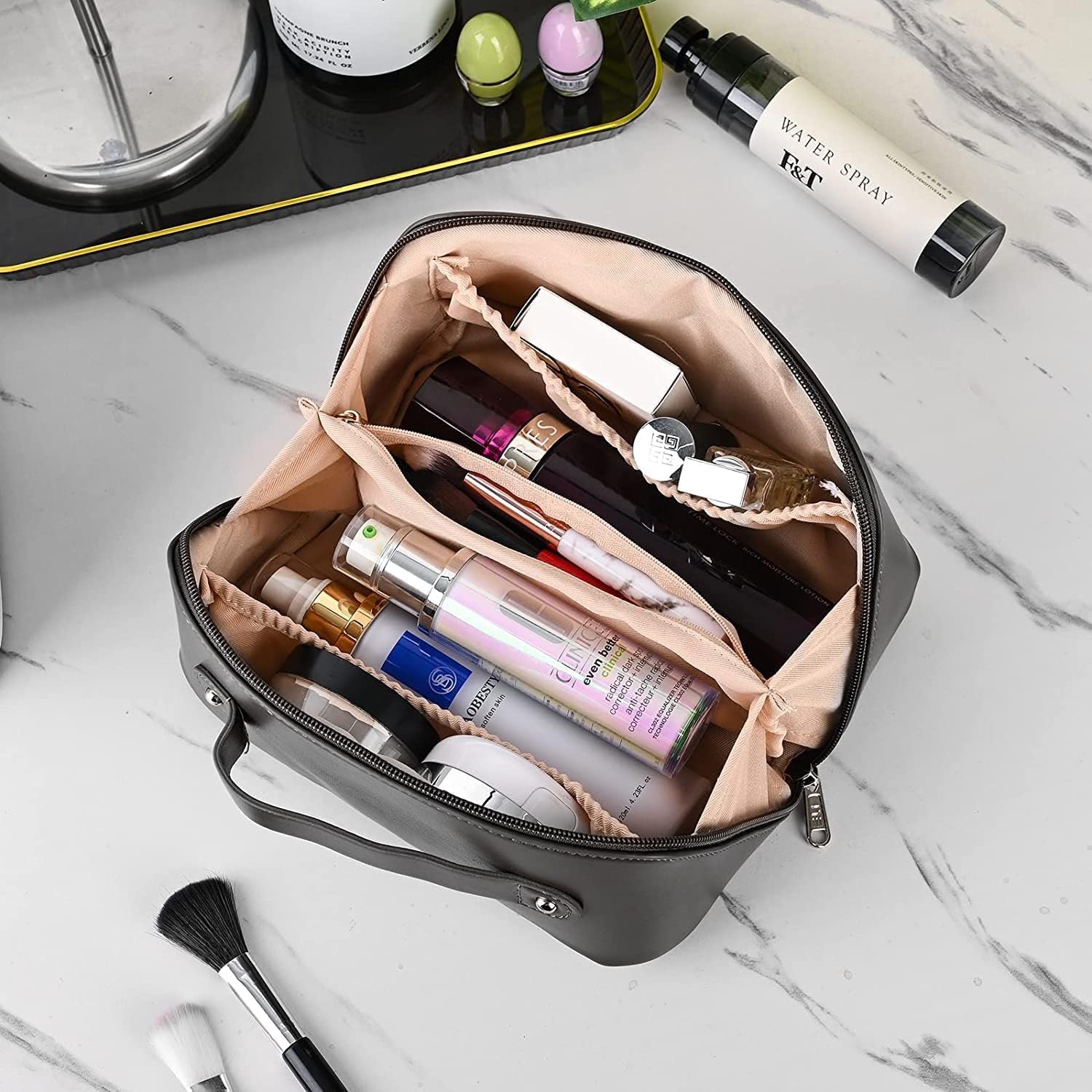 KRUPASADHYA Large Size Cosmetic Travel Bag,Women's Makeup Travel Bag Portable Leather Cosmetics Bag with Handle and Divider Wide Opening Cosmetic/Makeup Organizer Bag (Multicolor) 2