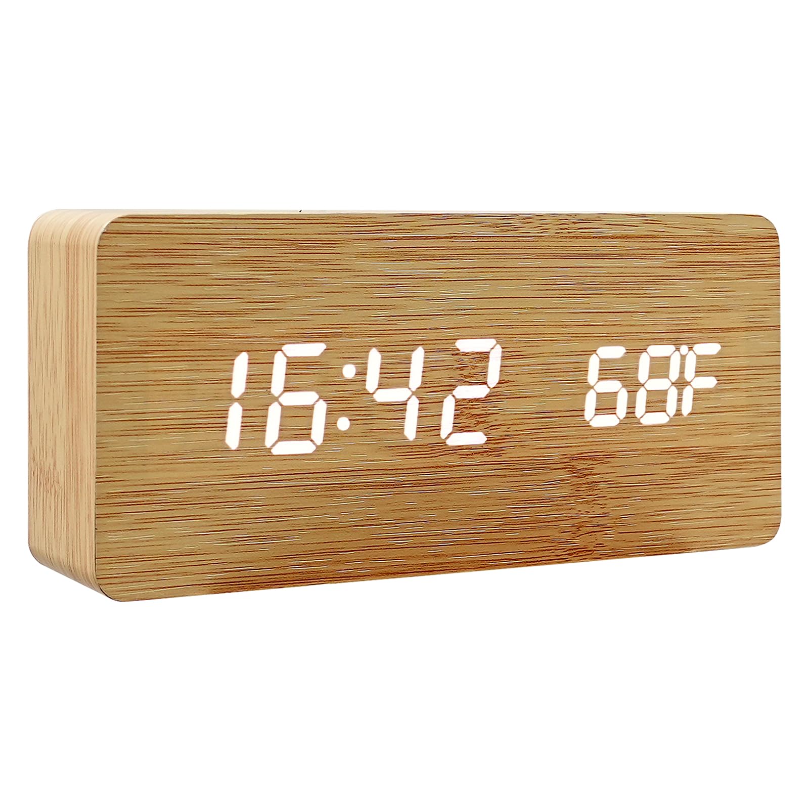 ProChosen Bamboo Digital Alarm Clock, Featuring Triple Alarm Settings, Rotating Calendar & Time Display, Battery or AC Powered, Tap-to-Wake Screen with 3-Level Brightness, Weekend Auto Off