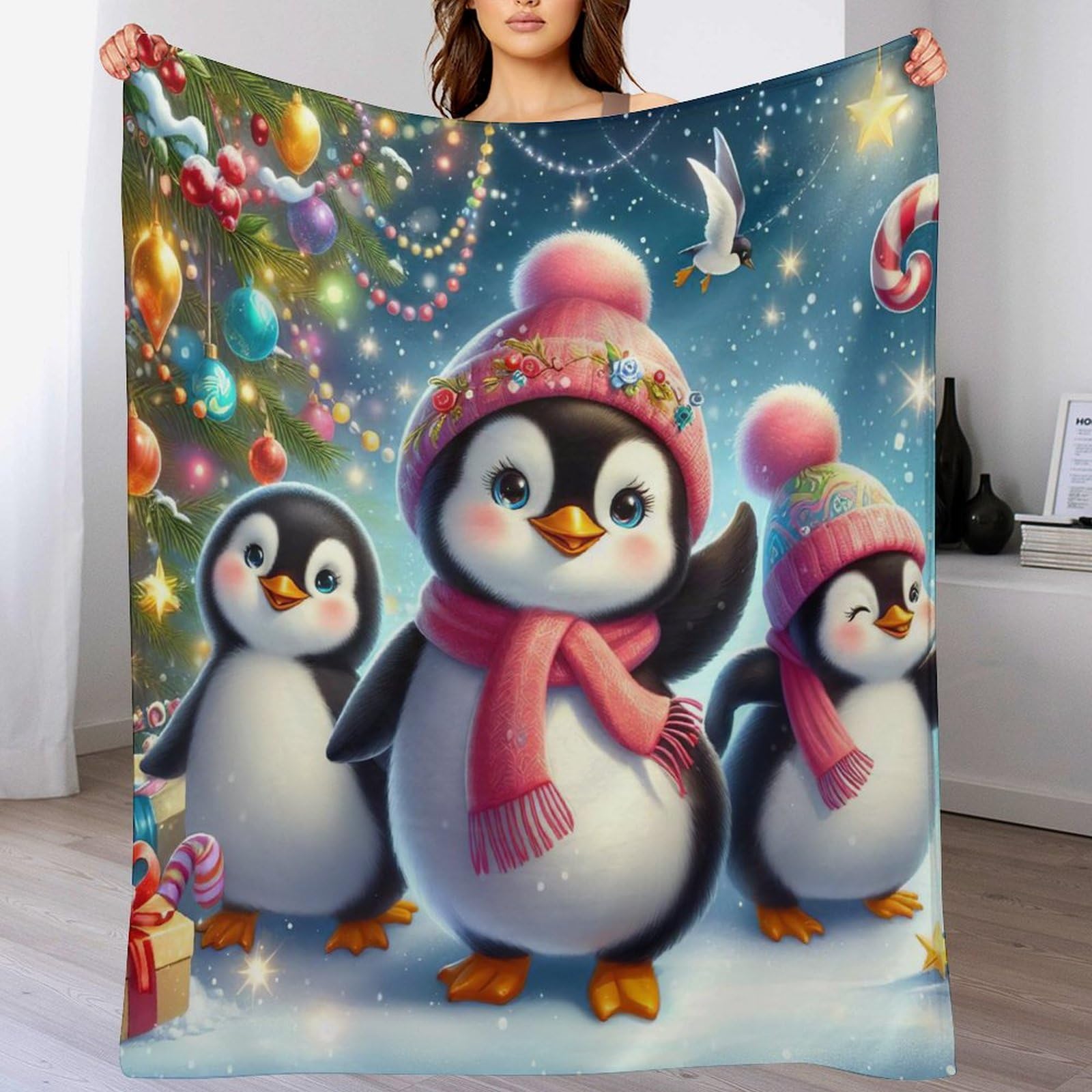 Couverture pingouin en flannel douce pour lit double de 180x200cm