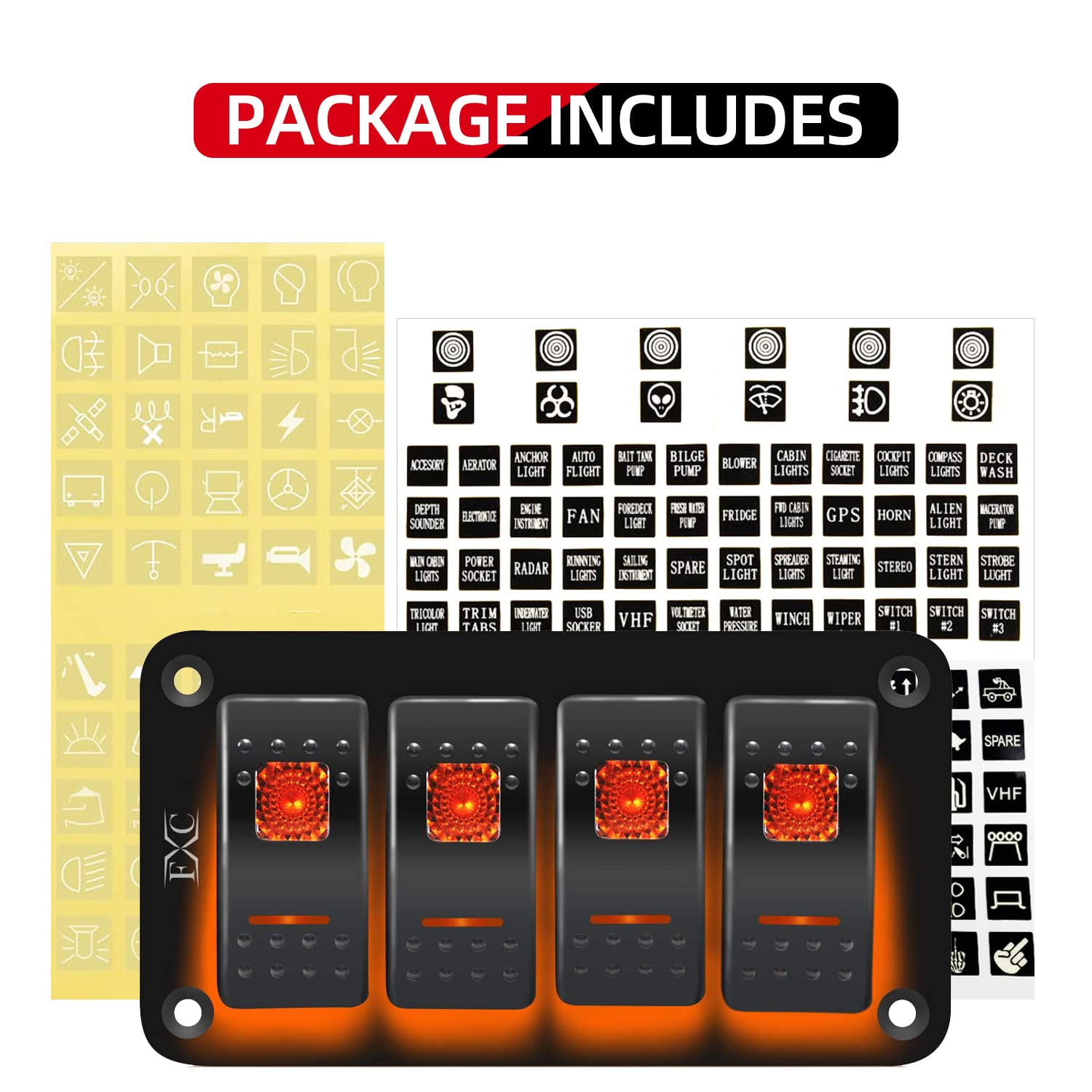 FXC Interruptor basculante panel de aluminio 4 interruptores de palanca de 5 pines ON/OFF 2 LED retroiluminado para barco coche marino Orqange