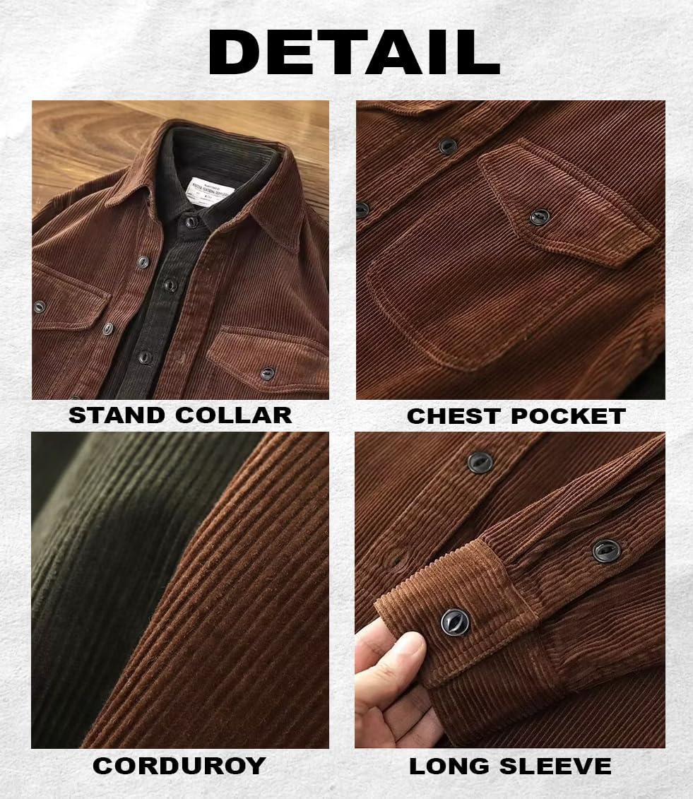 Men's Corduroy Button Down Shirts Long Sleeve Casual Shacket Jacket Western Corduroy Shirt Jacket with Flap Pockets - Image 5