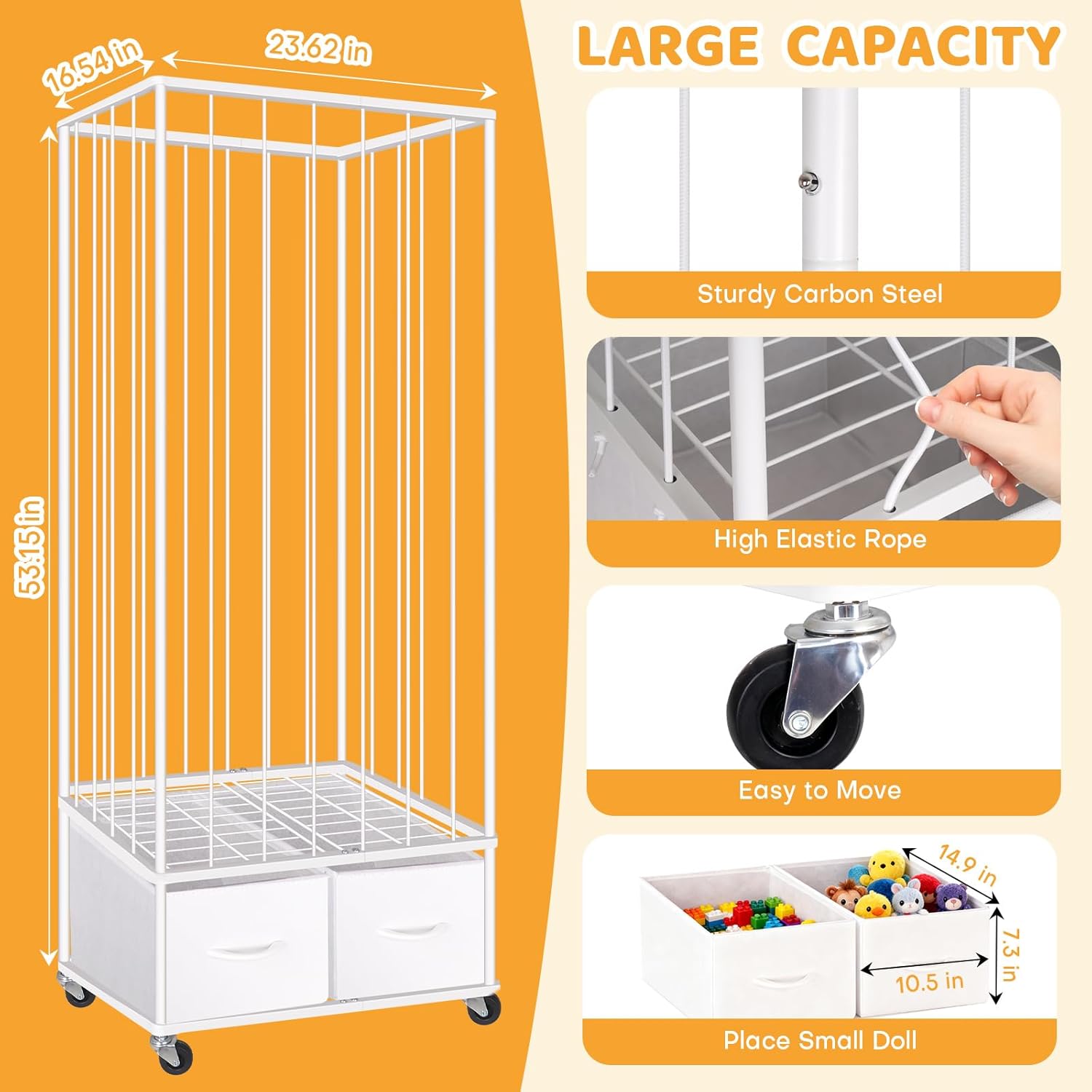 Stuffed Animal Storage - Large Stuffed Animal Zoo Holder with 2 Toy Bins - Plushies Storage with Elastic Band - Metal Plush Toy Organizer Brake Wheels Perfect for Toddler Rooms Playrooms Bedroom - Image 5