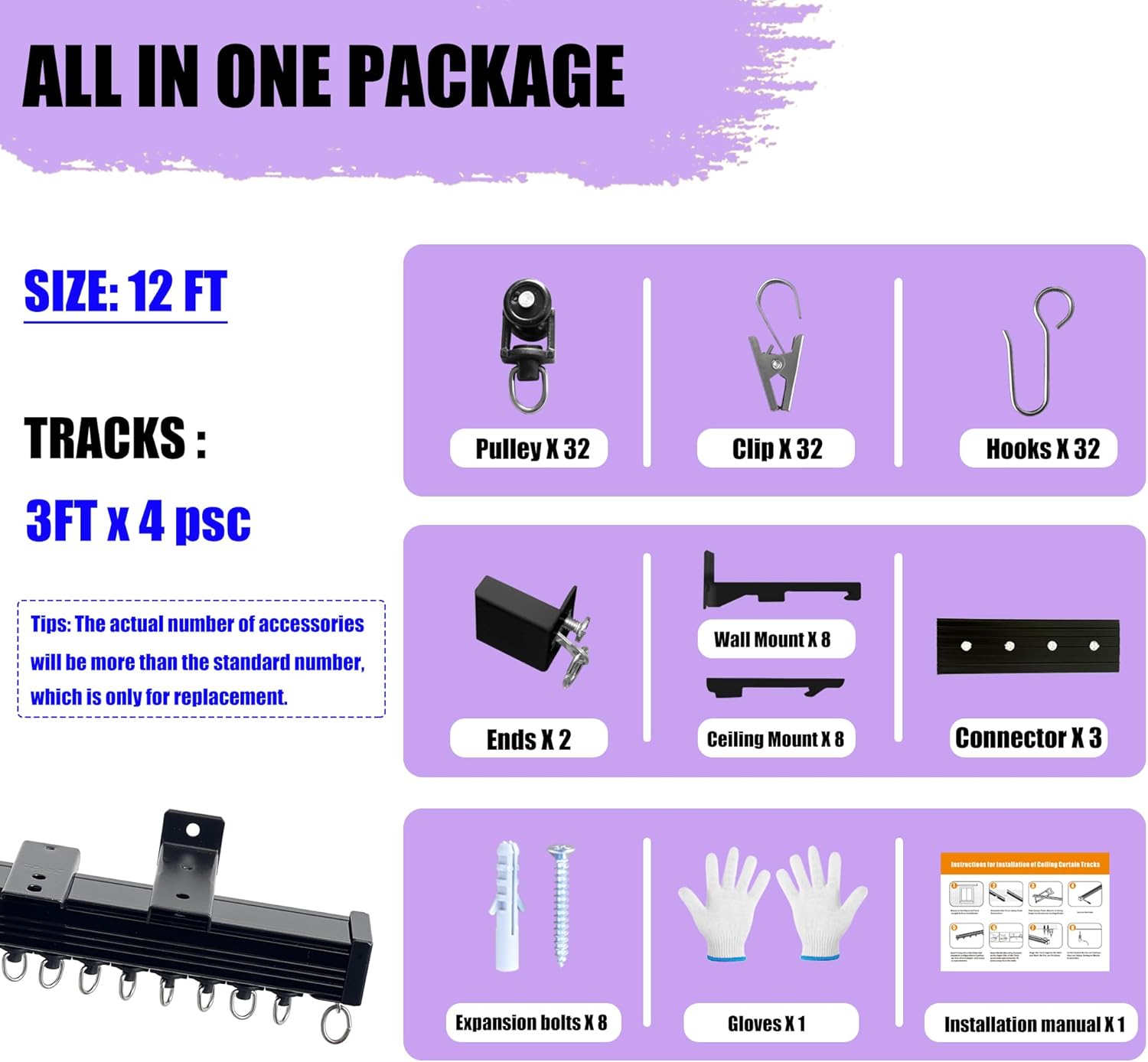 Curtain Track Heavy Duty Ceiling Wall Mount Sliding Curtain Track Rail Rod System with Rollers Clips Hooks Room Divider Privacy Partition Separator