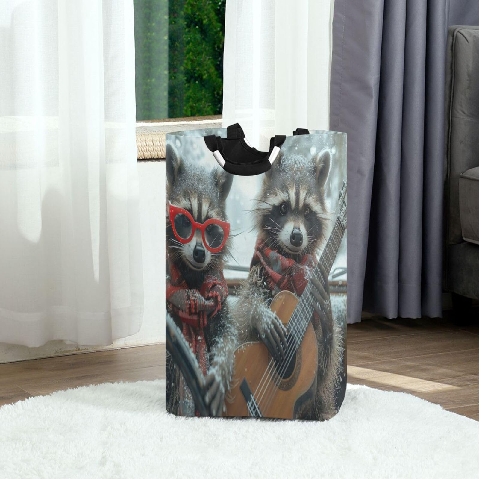 Jihqo Laundry Hamper Basket Cute Raccoons Play Guitar Collapsible Nursery Storage Bin Waterproof Clothing Baskets for Home Bedroom Bathroom Washing Room