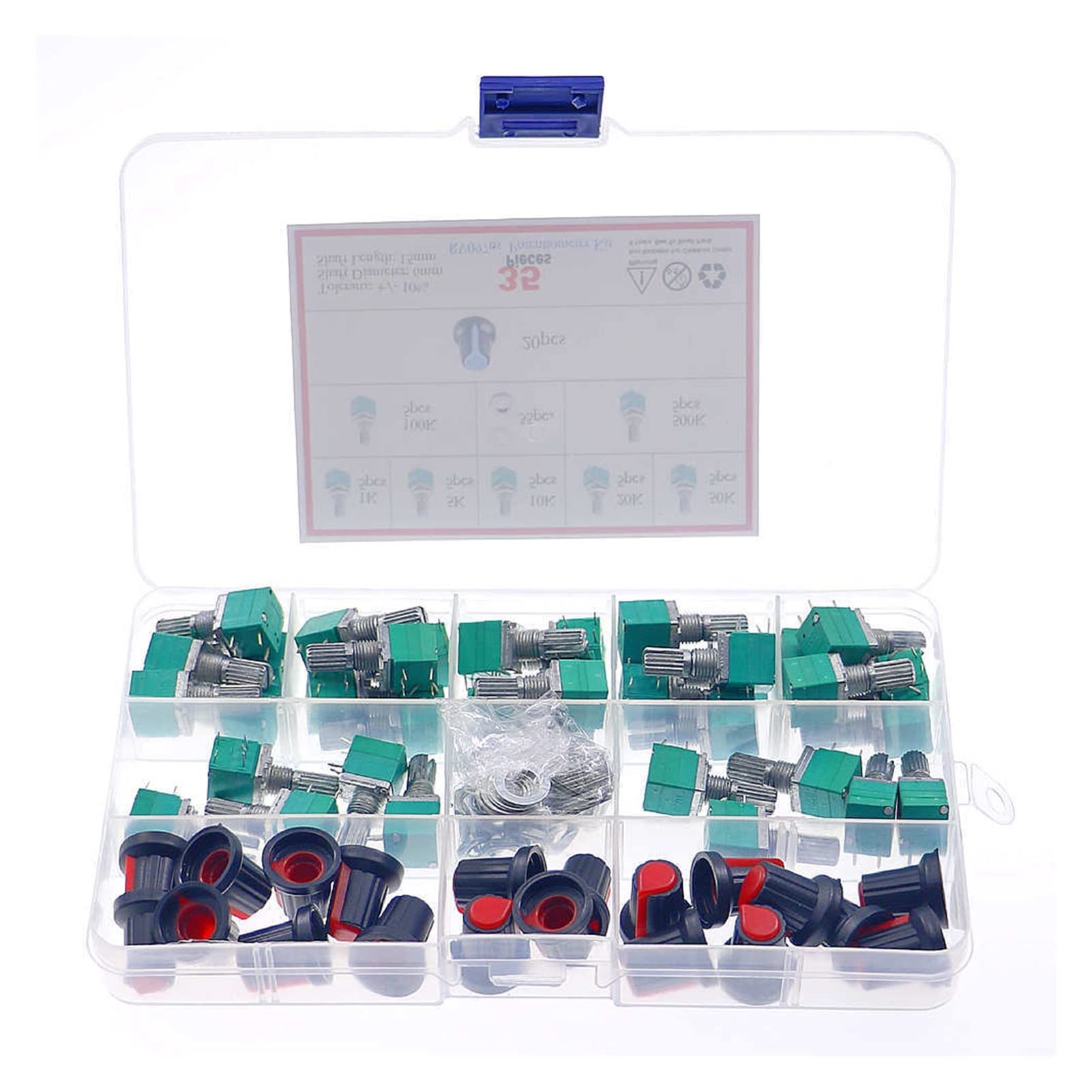 Single linked potentiometer,35pcs/Box,switch audio sealing potentiometer kit set 1K/5K/10K/50K/100K/500K with knob