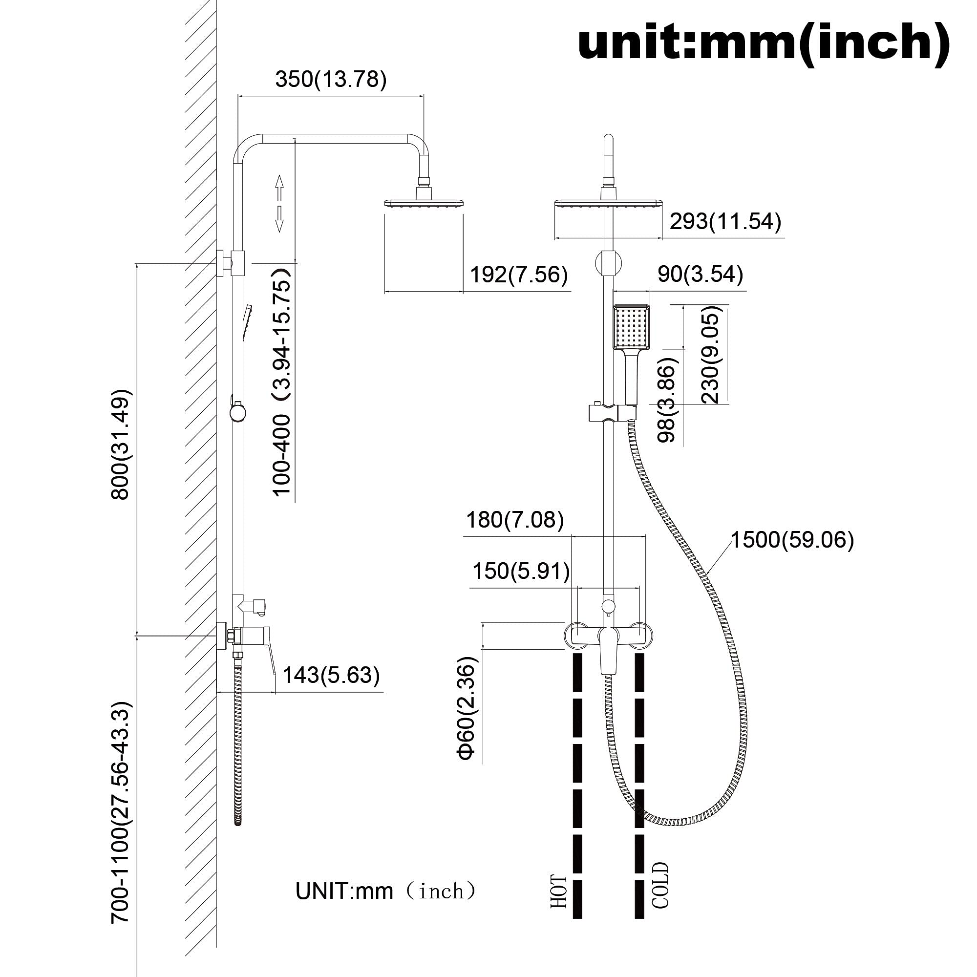 Auralum Armatura prysznicowa, kompletny zestaw, armatura prysznicowa, czarna, deszczownica czarna z deszczownicą i słuchawką prysznicową, kompletny zestaw do łazienki, regulacja wysokości 82-119 cm