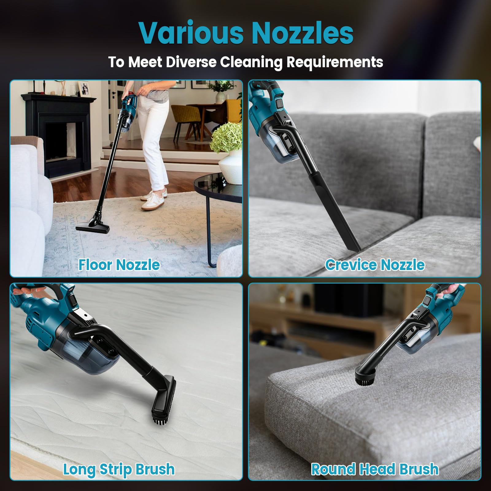 Aspirador de mano inalámbrico compatible con Makita 18 V, 16000 Pa, con 4 boquillas y depósito de polvo de 0,75 litros para suelos duros, alfombras, pelo de mascotas y coches.
