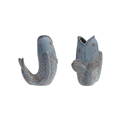 Creative Co-Op Stoneware Fish Shaped Vase with Reactive Glaze, Blue