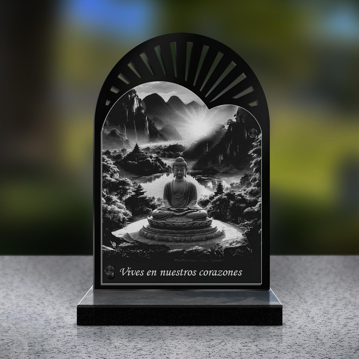 Eternel - Placa Funeraria Personalizada Rayos De Sol - Buda, Budismo, Espiritualidad - Texto Personalizable, Placa Funeraria Grabada con Láser para Homenaje, Placa Cementerio Tumba Sepultura