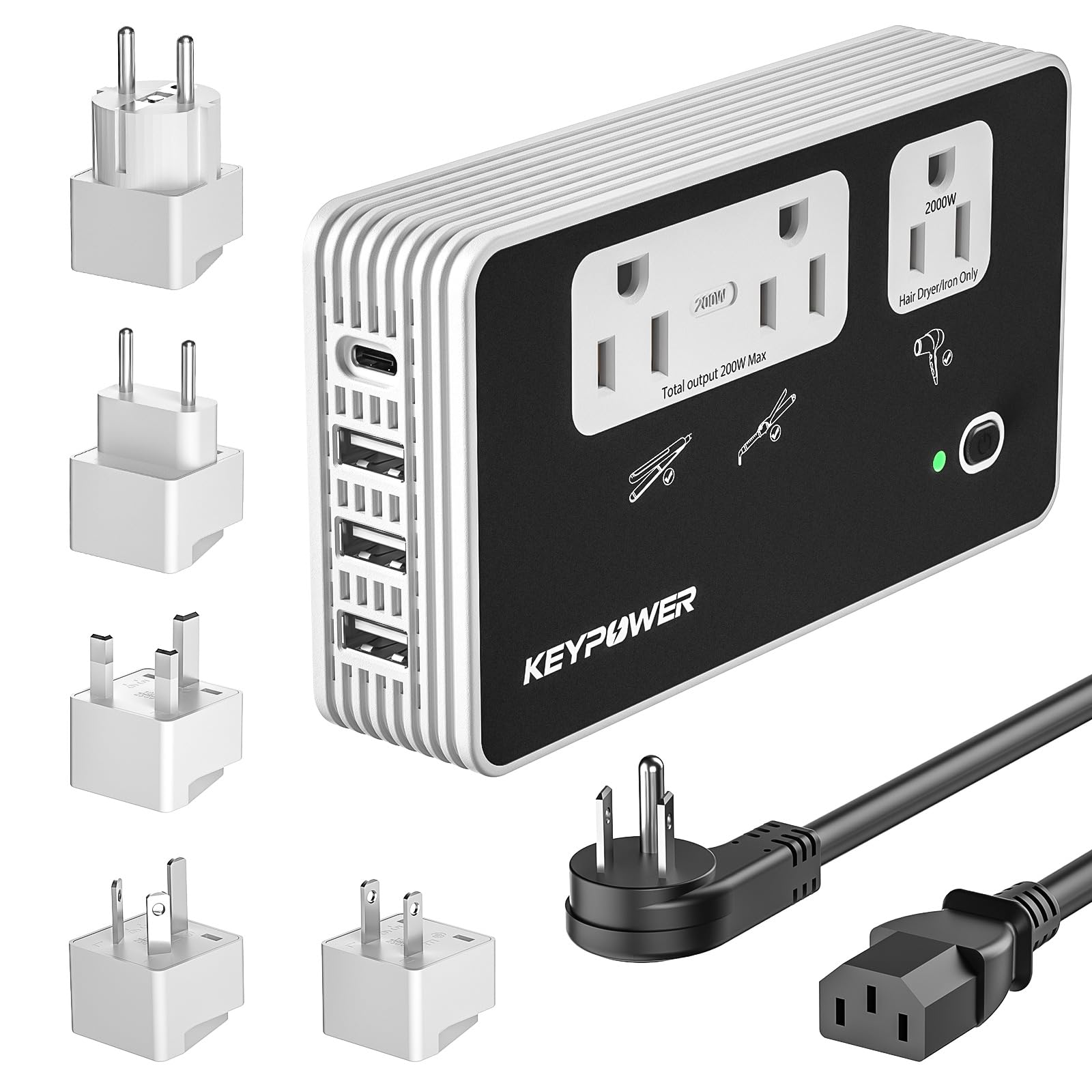 KEY POWER 2000W Voltage Converter US to Europe, 220V to 110V Converter for European Travel for Hair Dryer Straightener Curling Iron,International Universal Power Adapter with Type C, E/F, G, I, A.-image-16