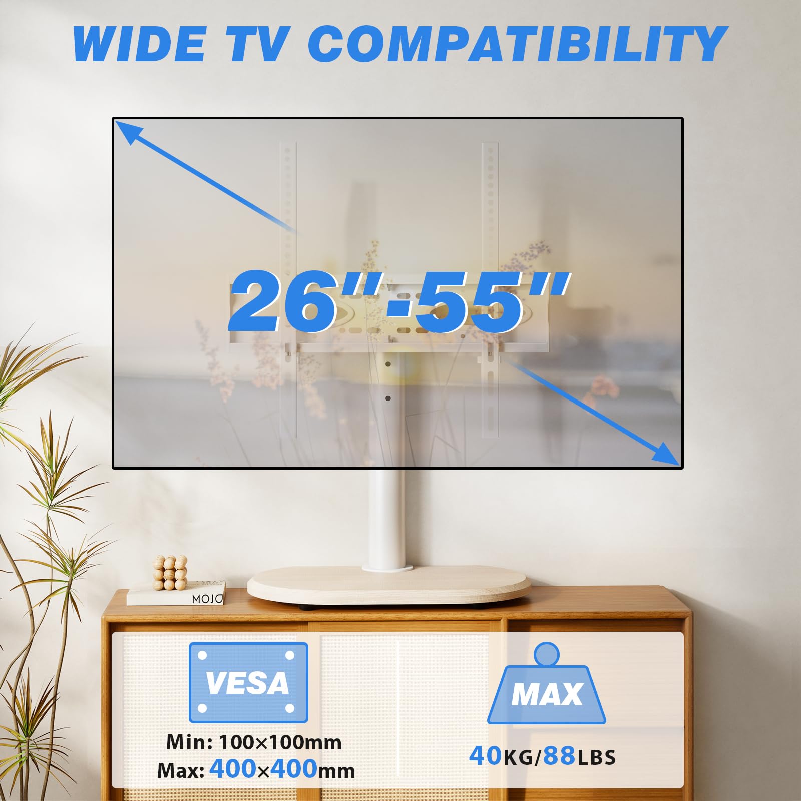 TVON Support TV sur Pied pour Téléviseurs de 26 à 55 Pouces 40kg Max | Pied de Télé Universel sur table, socle bois épais, hauteur pivotable ajustable, montage facile, Max VESA 400x400 mm