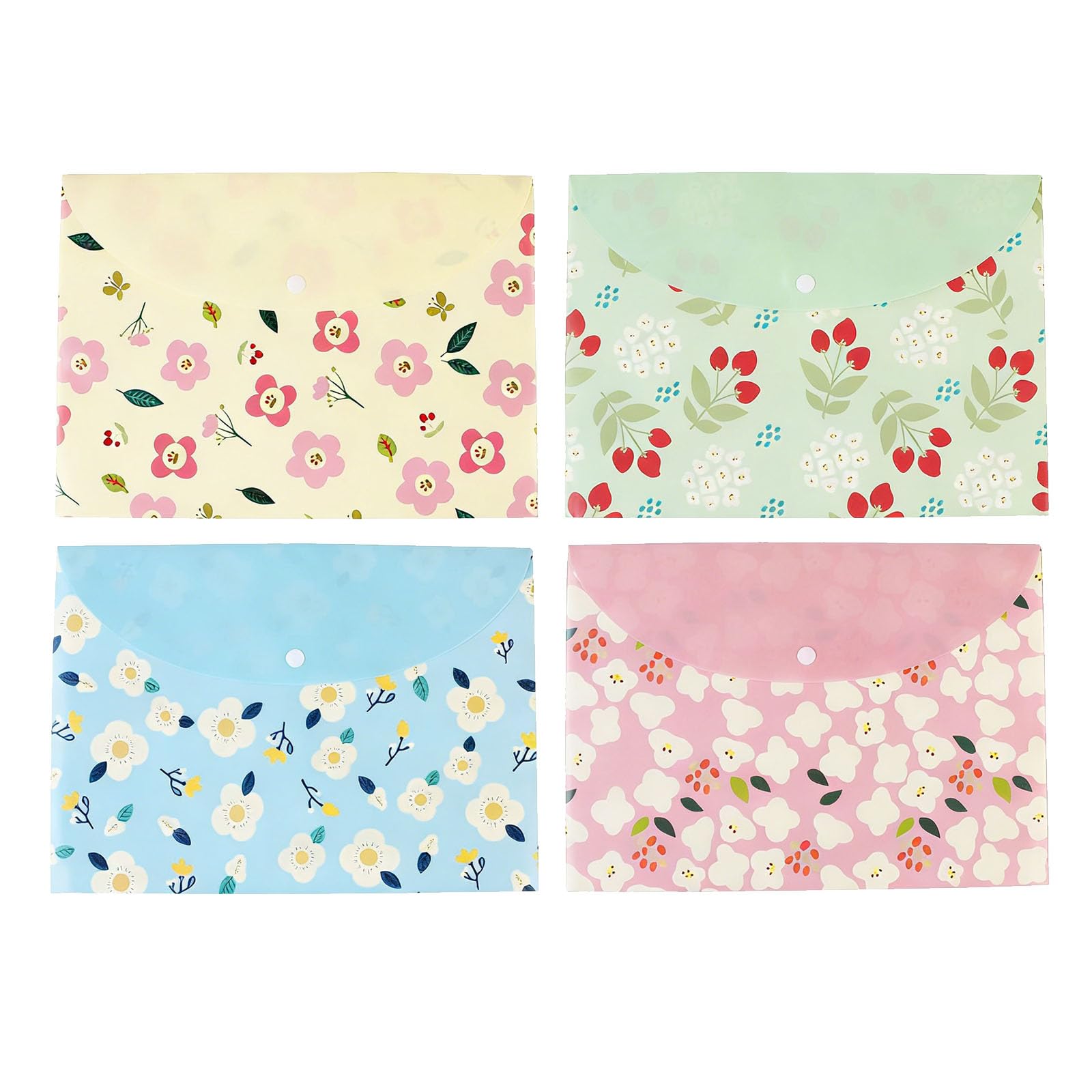 4pcs A4 Files Folder Fresh Floral Document Bag, PVC Envelope Folder Document with Snap Button for School Home Work Office Organization Clear Colours Folders for Paperwork Plastic Folders